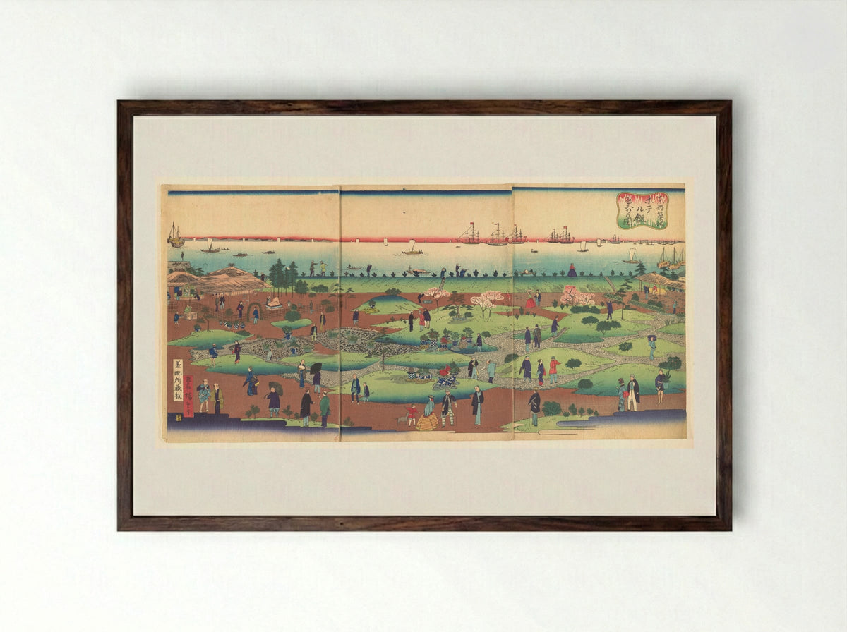 Illustration of the Front Garden of the Tsukiji Hotel in the Eastern Capital - Utagawa Hiroshige III - Framed Print Dark Wood