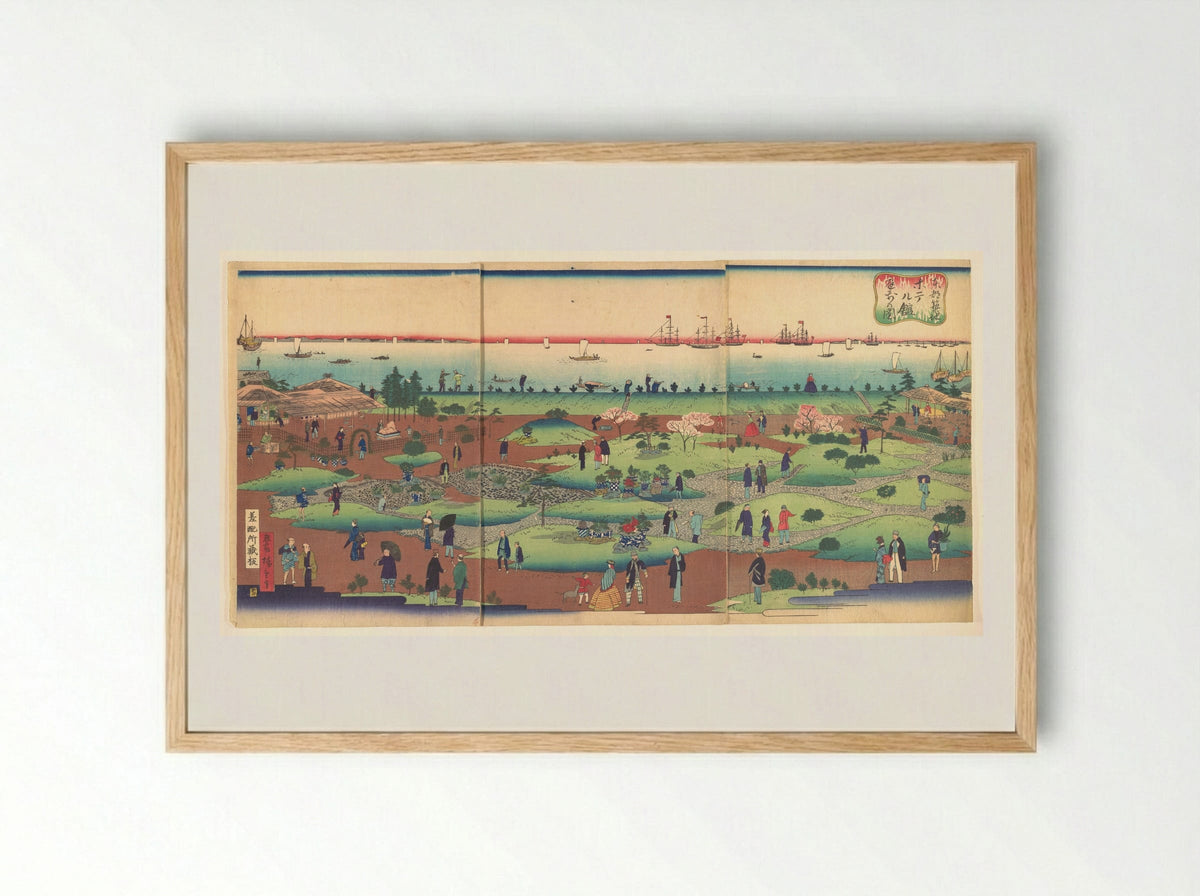 Illustration of the Front Garden of the Tsukiji Hotel in the Eastern Capital - Utagawa Hiroshige III - Framed Print Wood