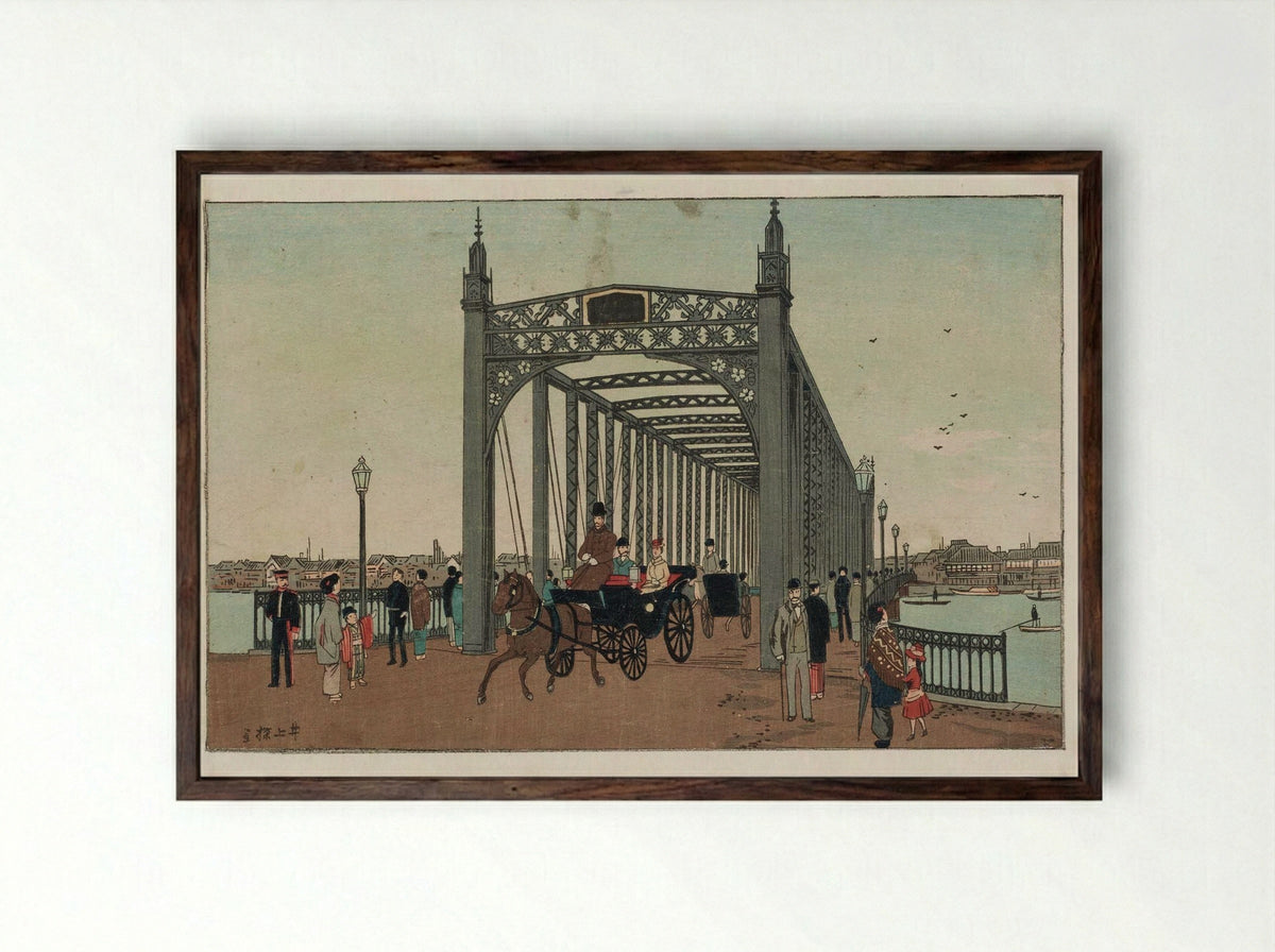 Illustration of the Opening of Azuma Bridge in Tokyo - Inoue Yasuji - Framed Print Dark Wood