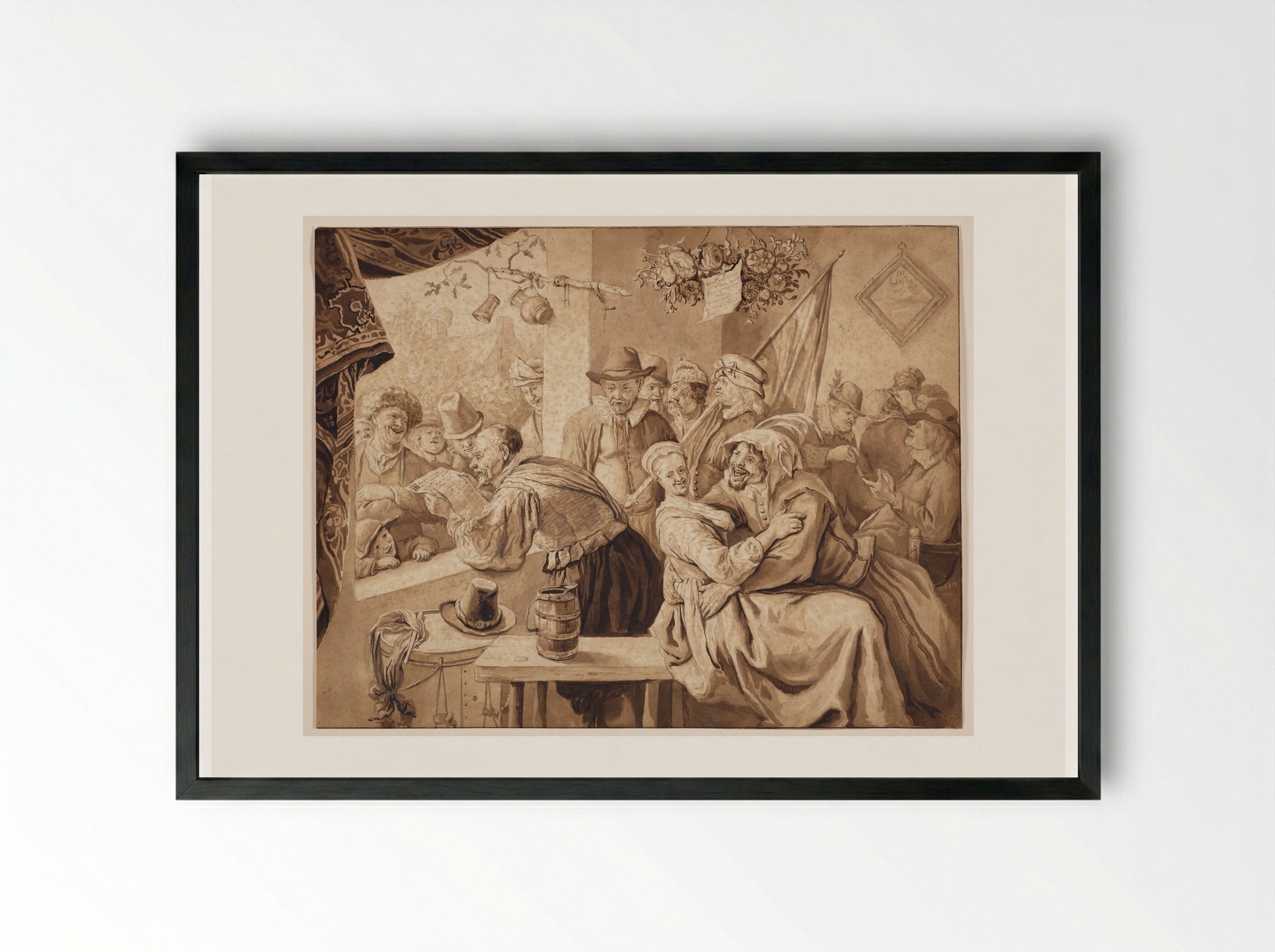 In Liefde Vry: Rhetoricians with Merry Company in a Tavern - Cornelis Dusart - Framed Print Black