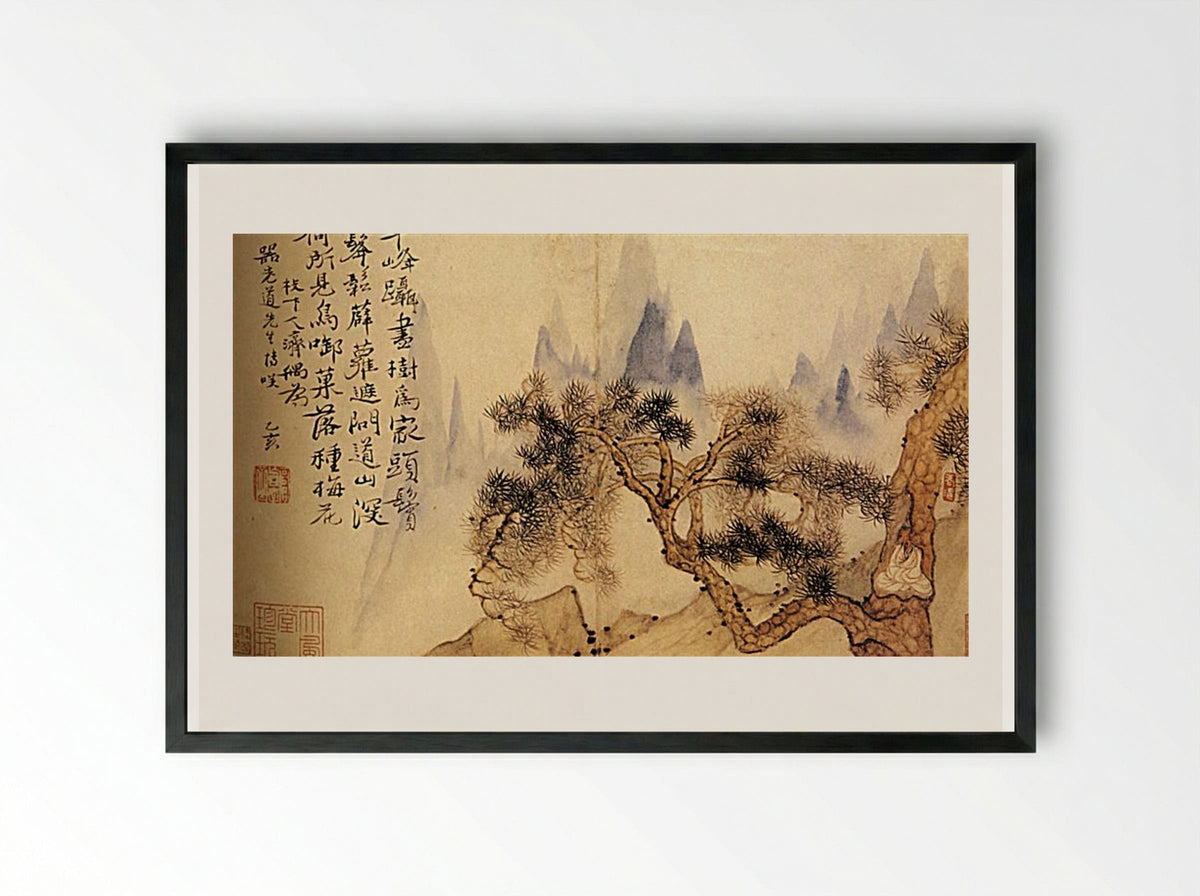 In Meditation, at the Foot of the Mountains - Shitao - Framed Print Black