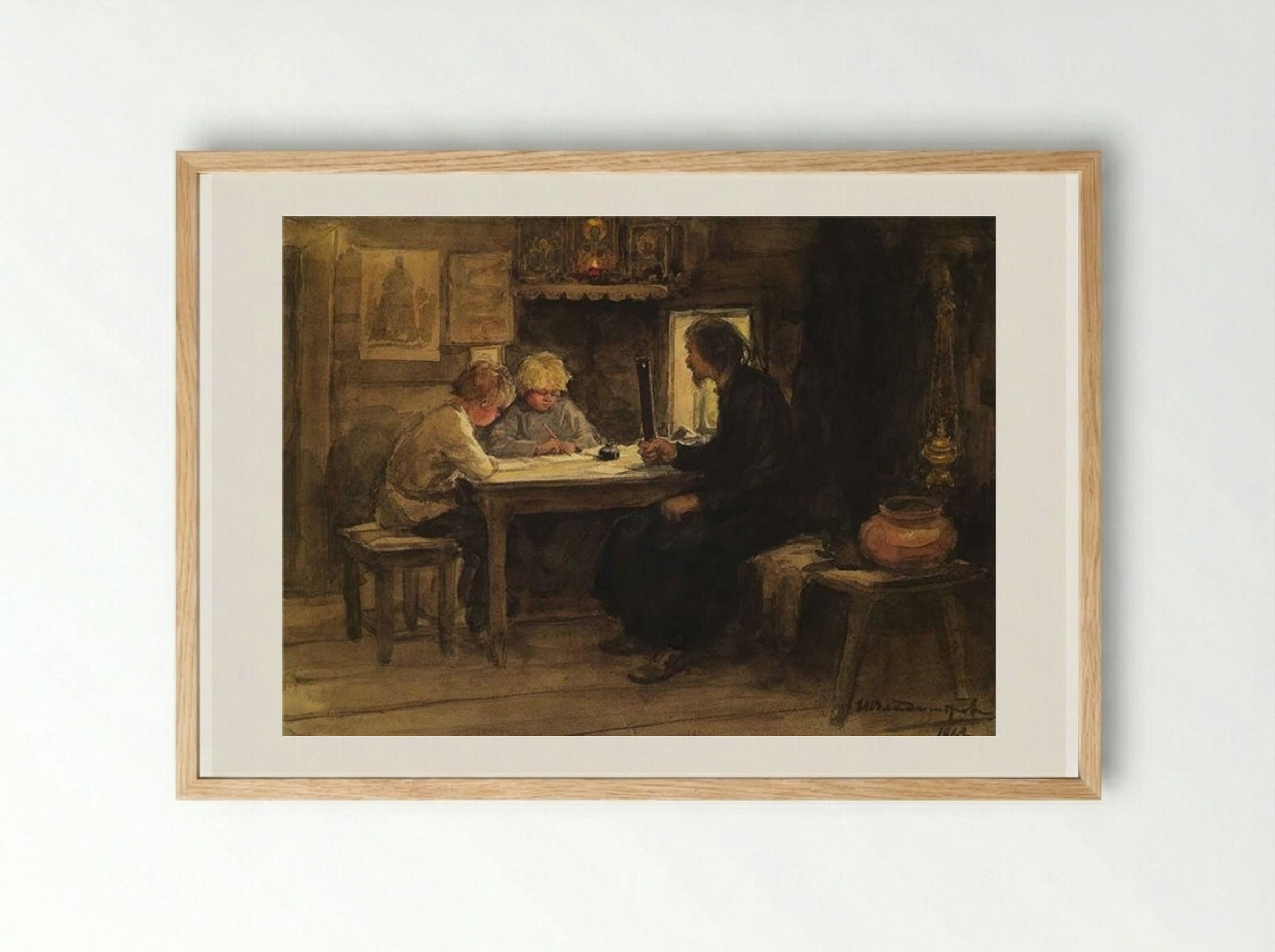 In a Lesson of Credence with the Sexton - Ivan Vladimirov - Framed Print Wood