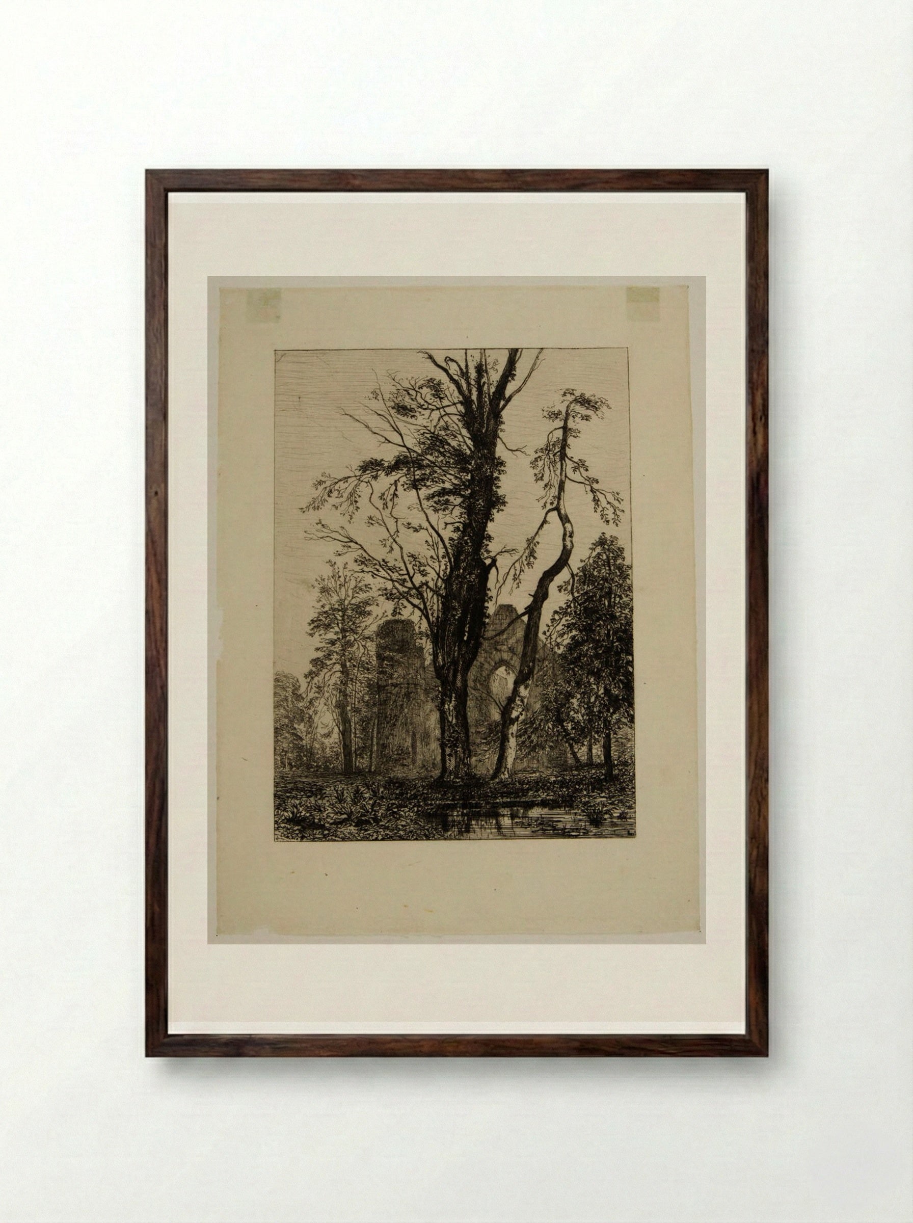 In a Park, Trees and Ruins - Maxime Lalanne - Framed Print Dark Wood