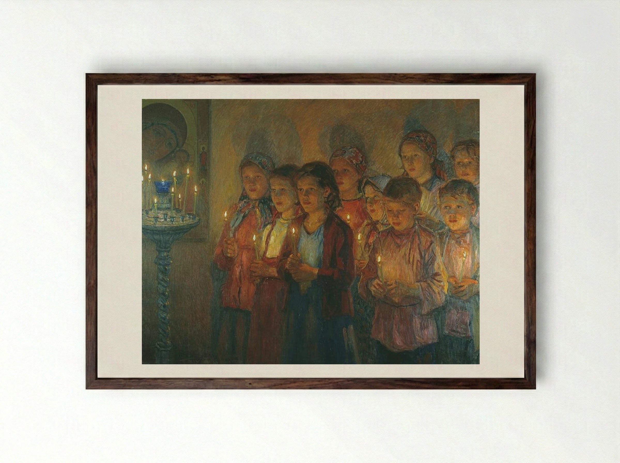 In the Church - Nikolay Bogdanov-Belsky - Framed Print Dark Wood