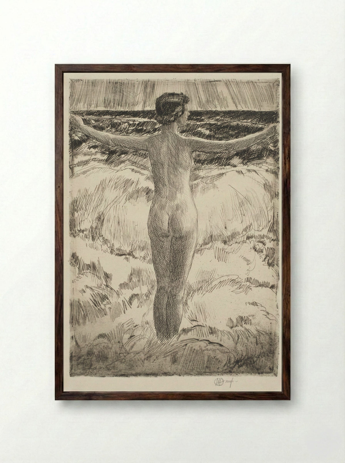 In the Surf in a Storm, Easthampton - Childe Hassam - Framed Print Dark Wood