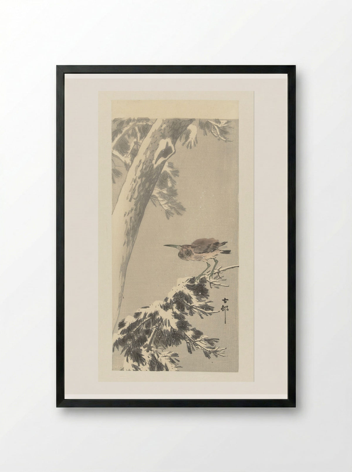 Indian Pond Heron on a Snowy Tree Branch - Matsuki Heikichi - Framed Print Black