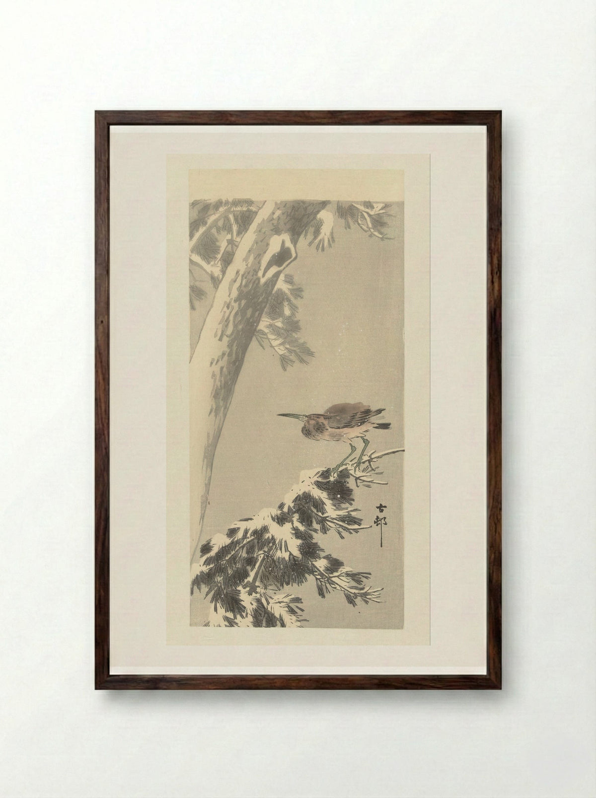 Indian Pond Heron on a Snowy Tree Branch - Matsuki Heikichi - Framed Print Dark Wood