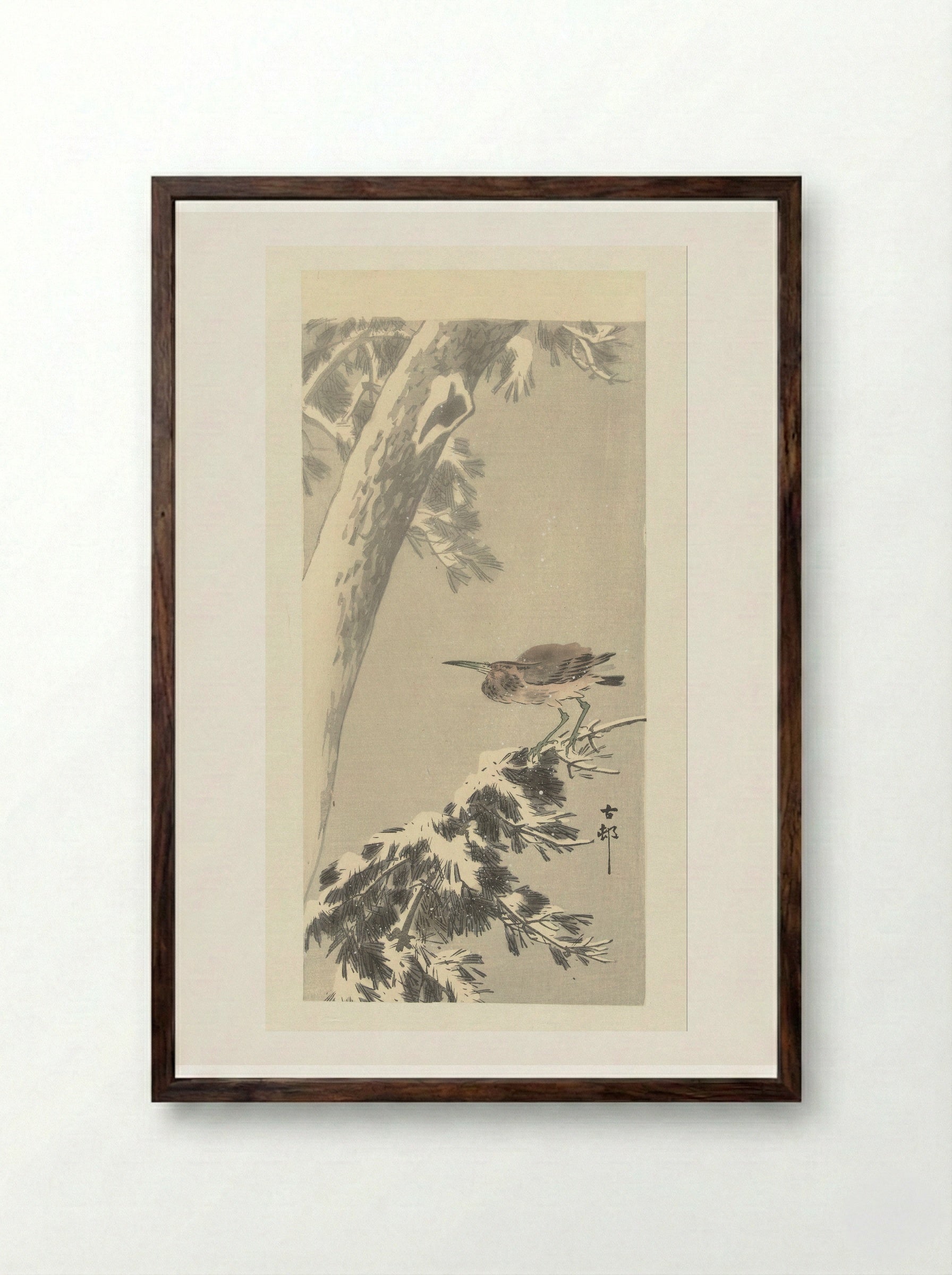 Indian Pond Heron on a Snowy Tree Branch - Matsuki Heikichi - Framed Print Dark Wood
