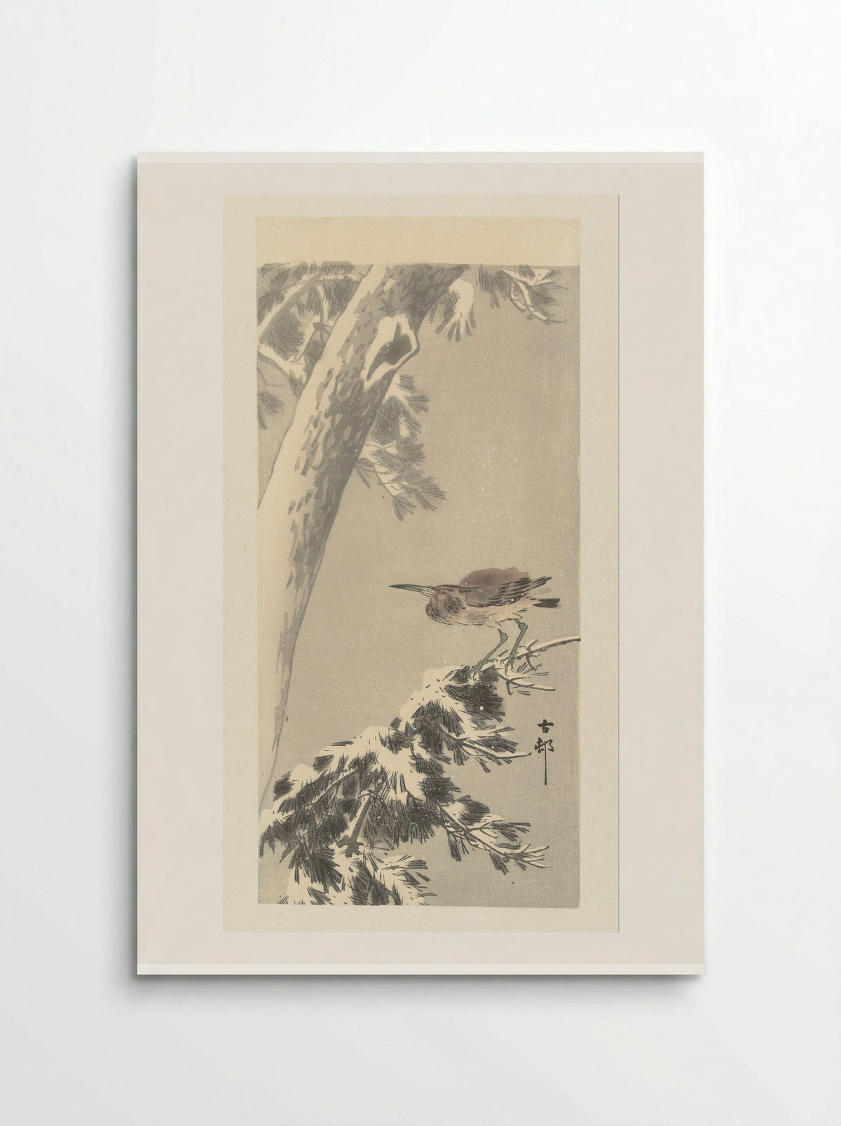 Indian Pond Heron on a Snowy Tree Branch - Matsuki Heikichi - Poster