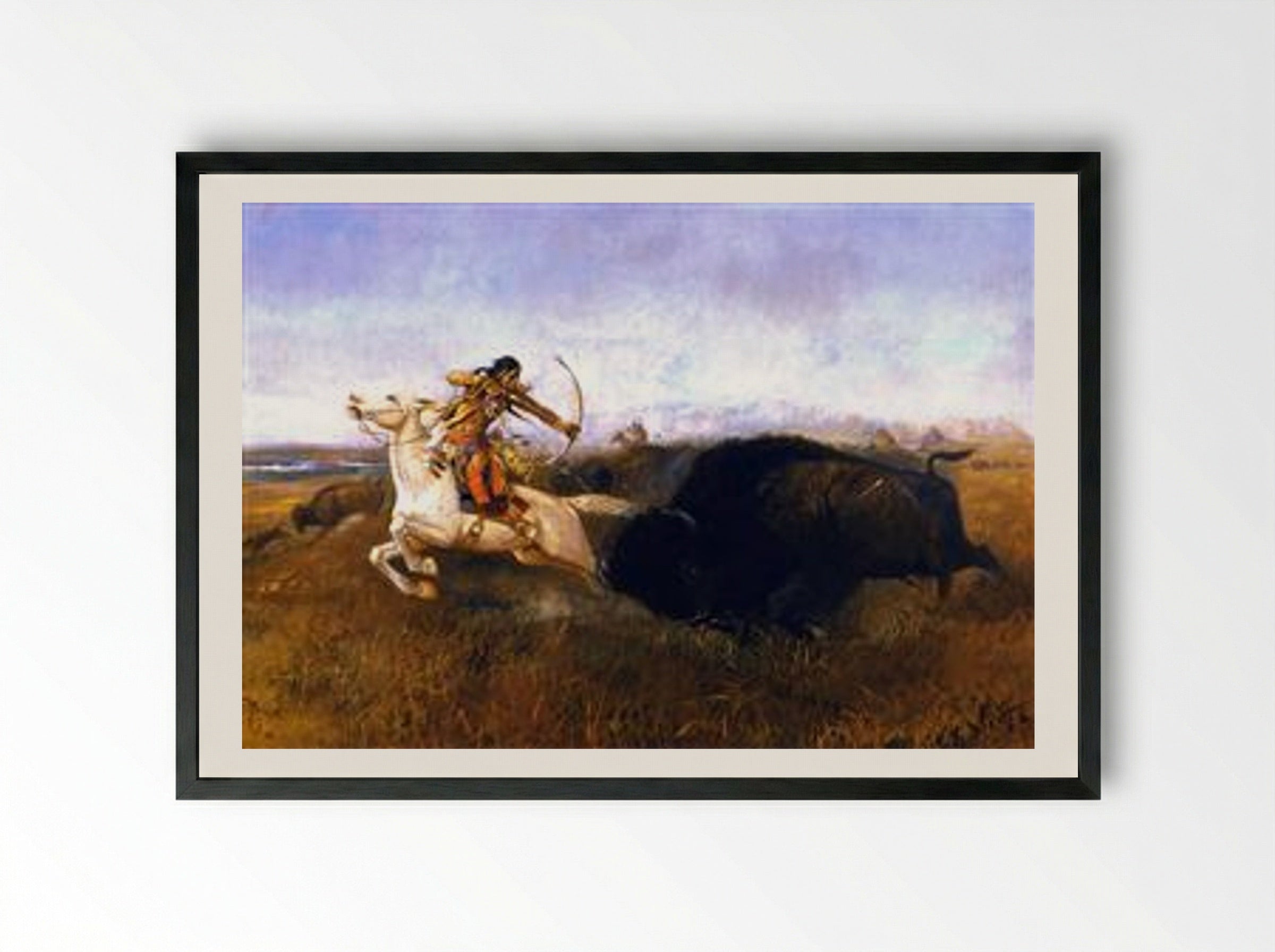 Indians Hunting Buffalo - Charles M. Russell - Framed Print Black