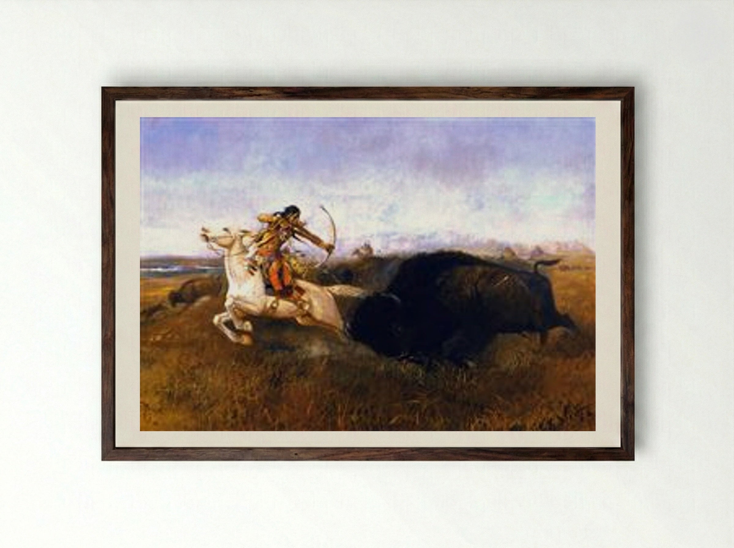 Indians Hunting Buffalo - Charles M. Russell - Framed Print Dark Wood