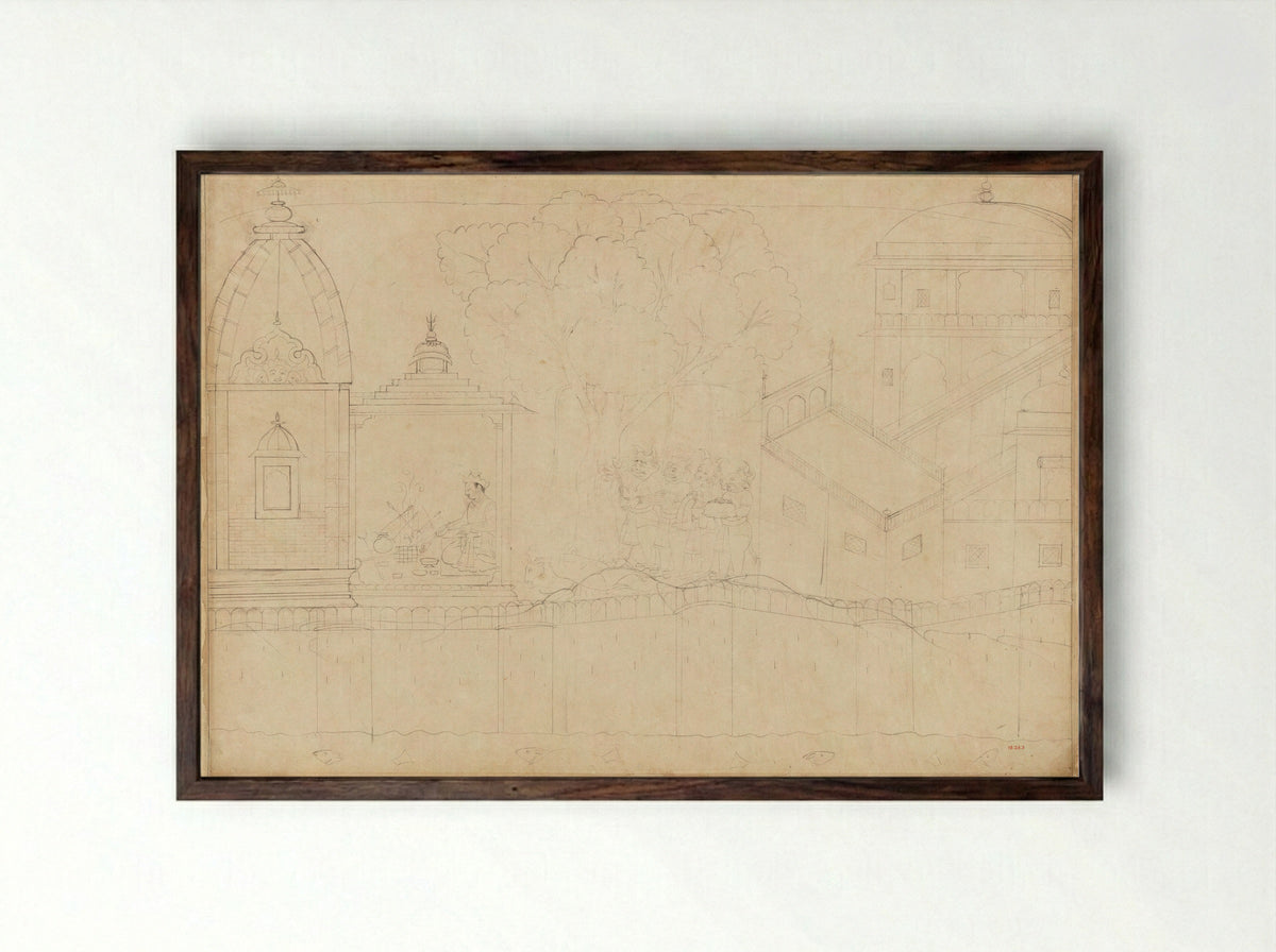 Indrajit Makes Offerings: Folio from the Siege of Lanka series - Manaku - Framed Print Dark Wood