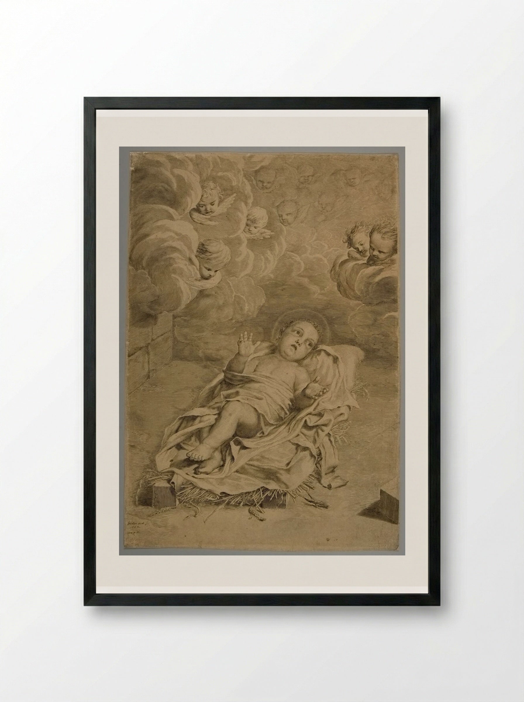 Infant Christ Lying on a Bed of Straw - Claude Mellan - Framed Print Black