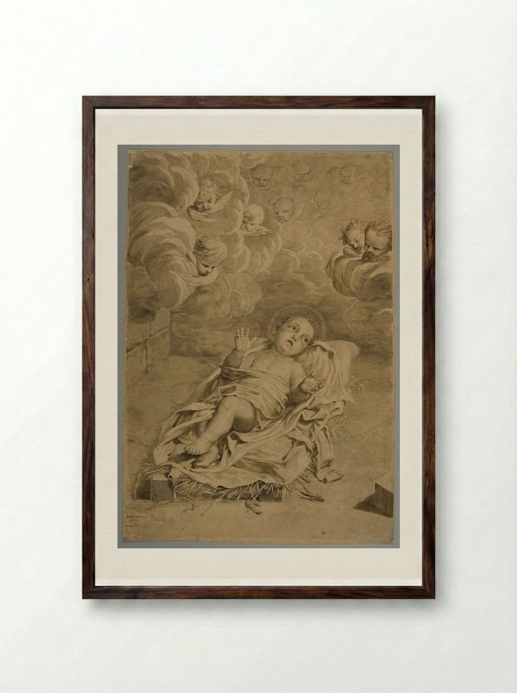 Infant Christ Lying on a Bed of Straw - Claude Mellan - Framed Print Dark Wood