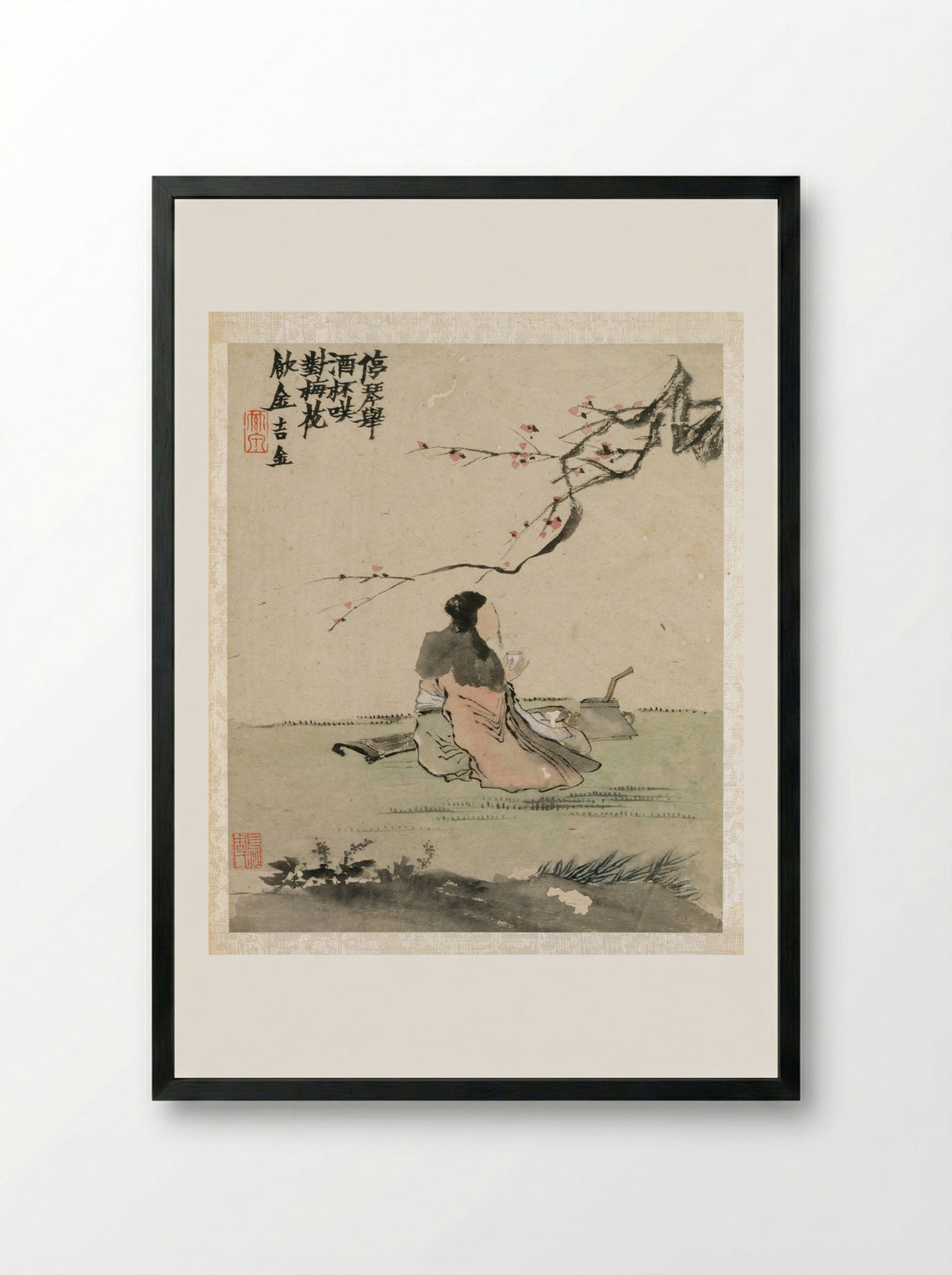 Ink Play (Scholar Drinking Under Plum Blossoms) - Jin Nong - Framed Print Black