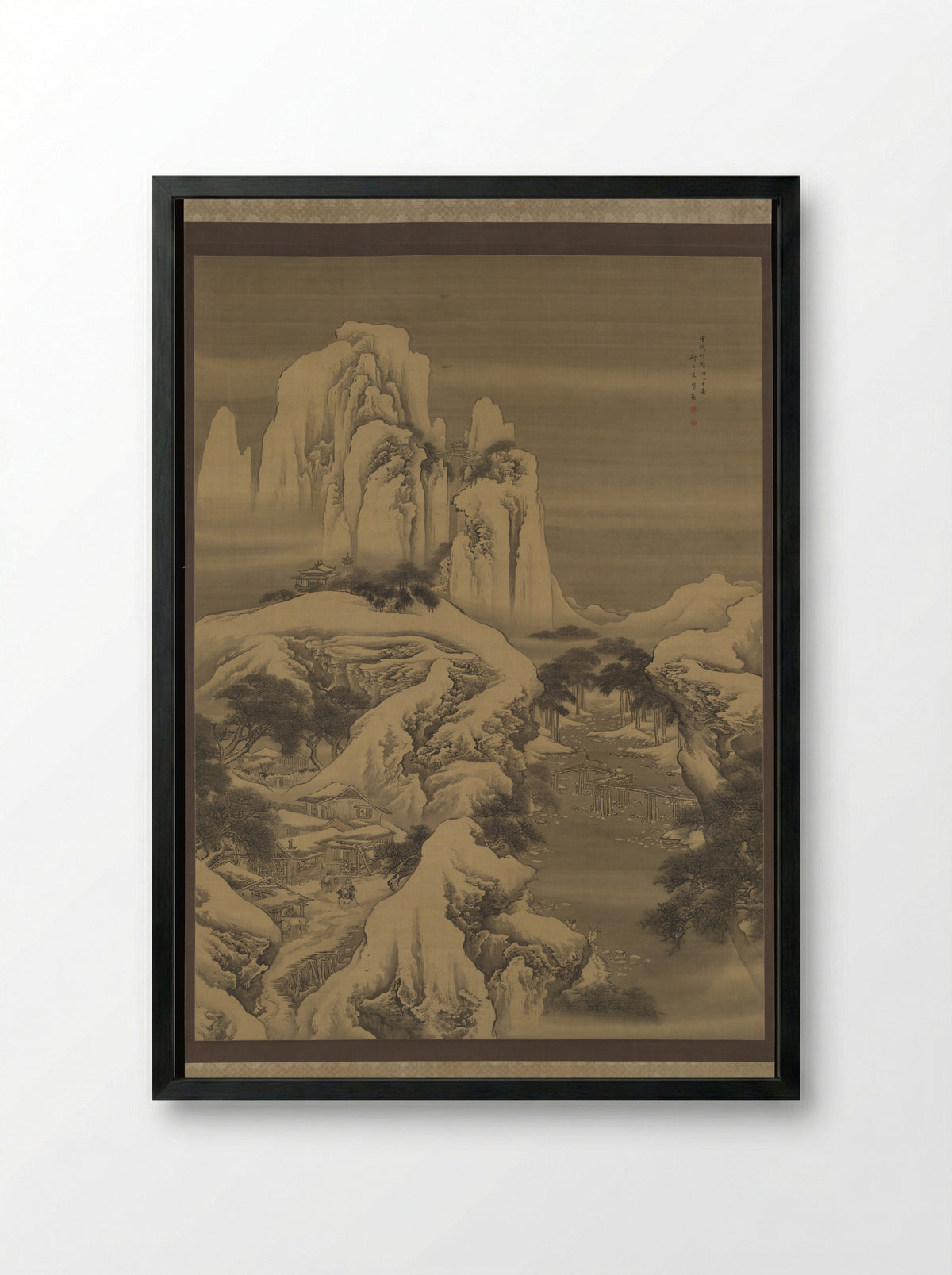 Inn and Travelers in Snowy Mountains - Yuan Yao - Framed Print Black