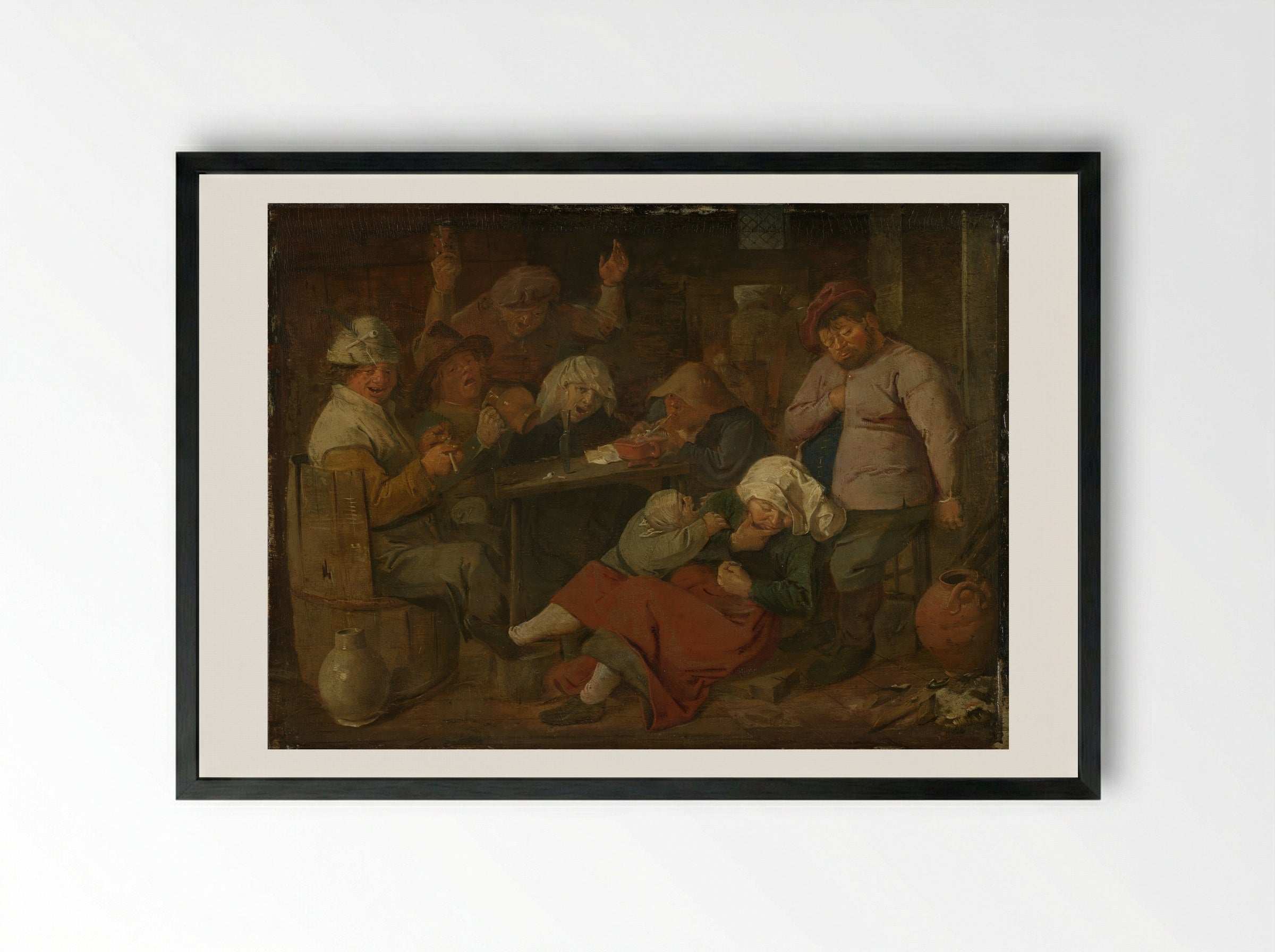 Inn with Drunken Peasants - Adriaen Brouwer - Framed Print Black