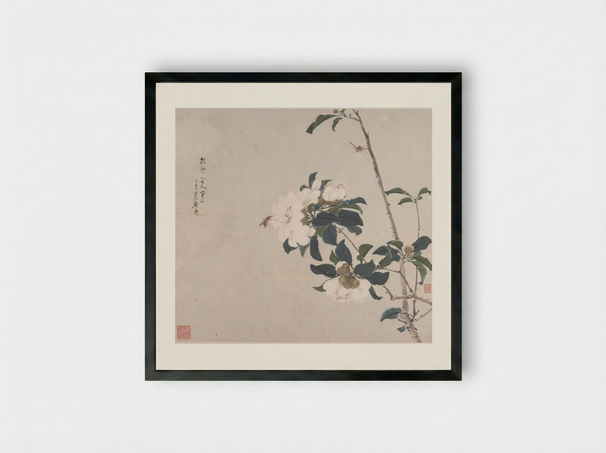 Insects and Flowers - Ju Lian - Framed Print Black