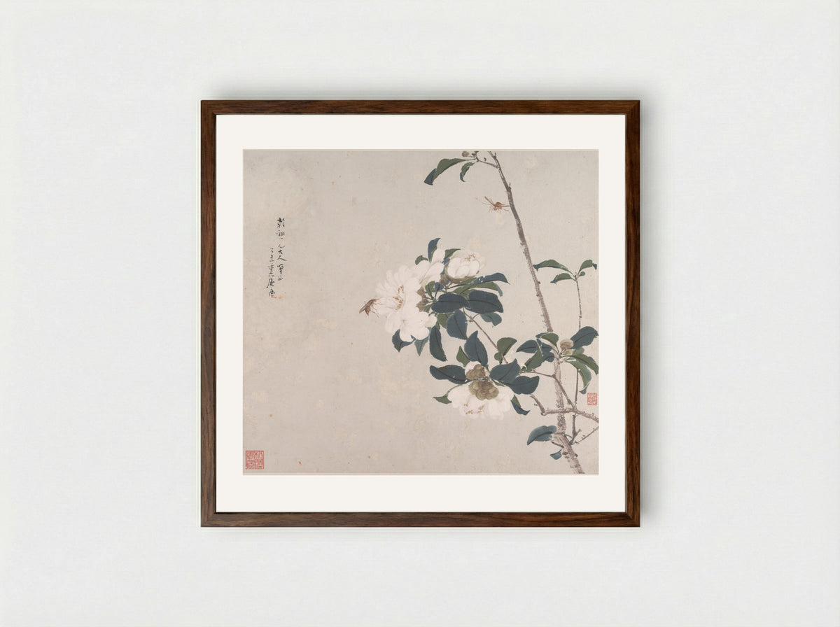 Insects and Flowers - Ju Lian - Framed Print Dark Wood