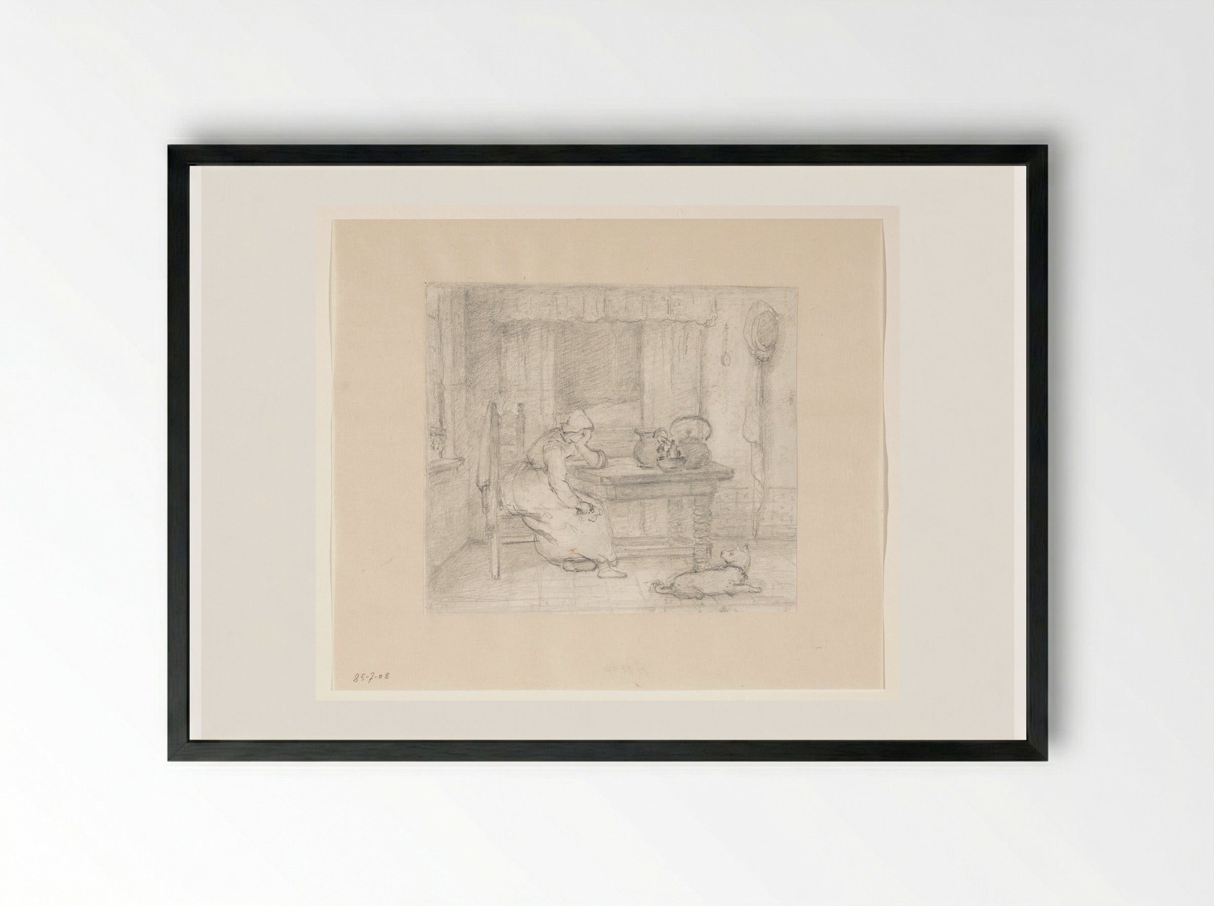 Interieur met een vrouw aan een tafel - Hendrik Valkenburg - Framed Print Black