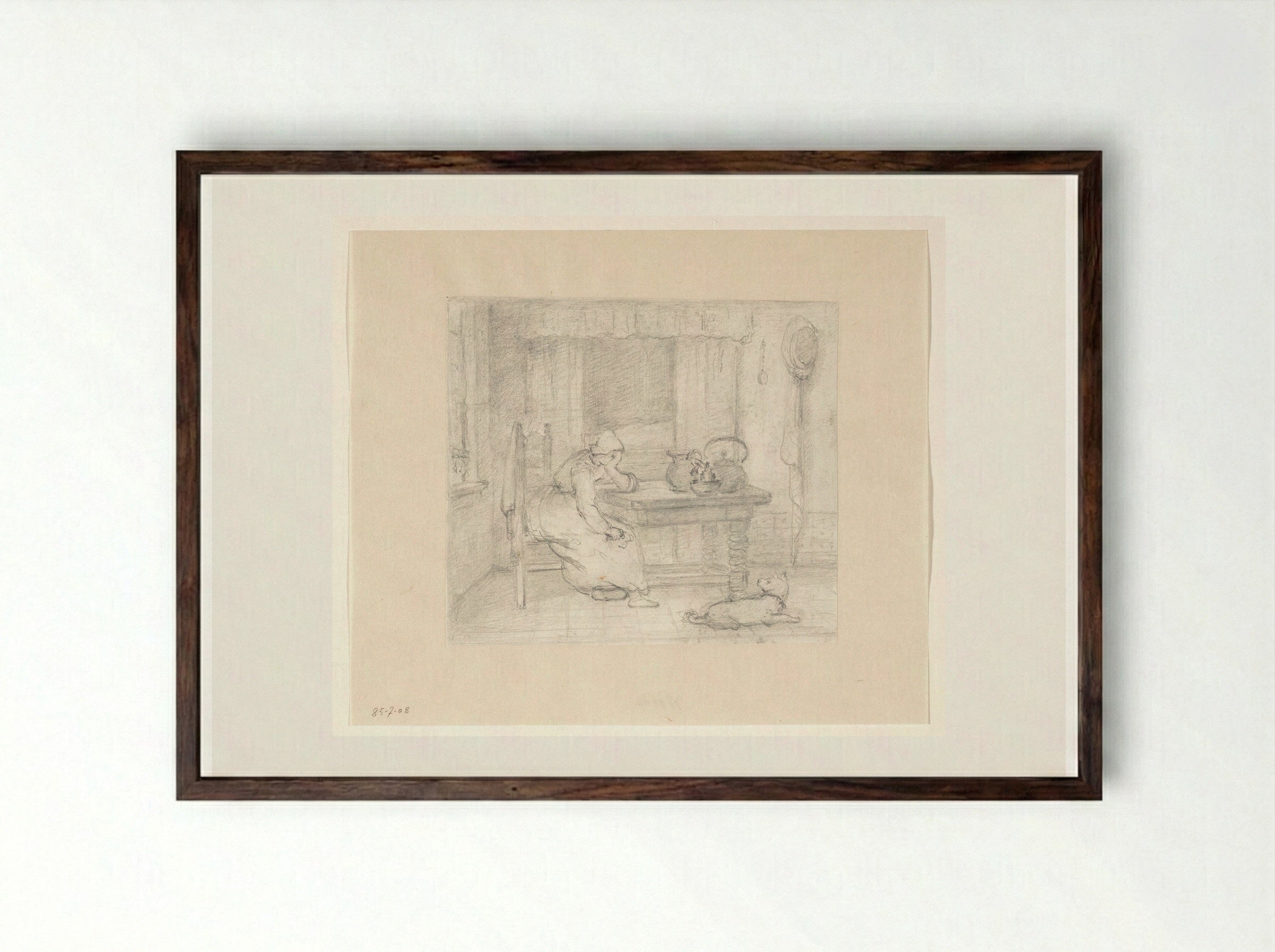 Interieur met een vrouw aan een tafel - Hendrik Valkenburg - Framed Print Dark Wood