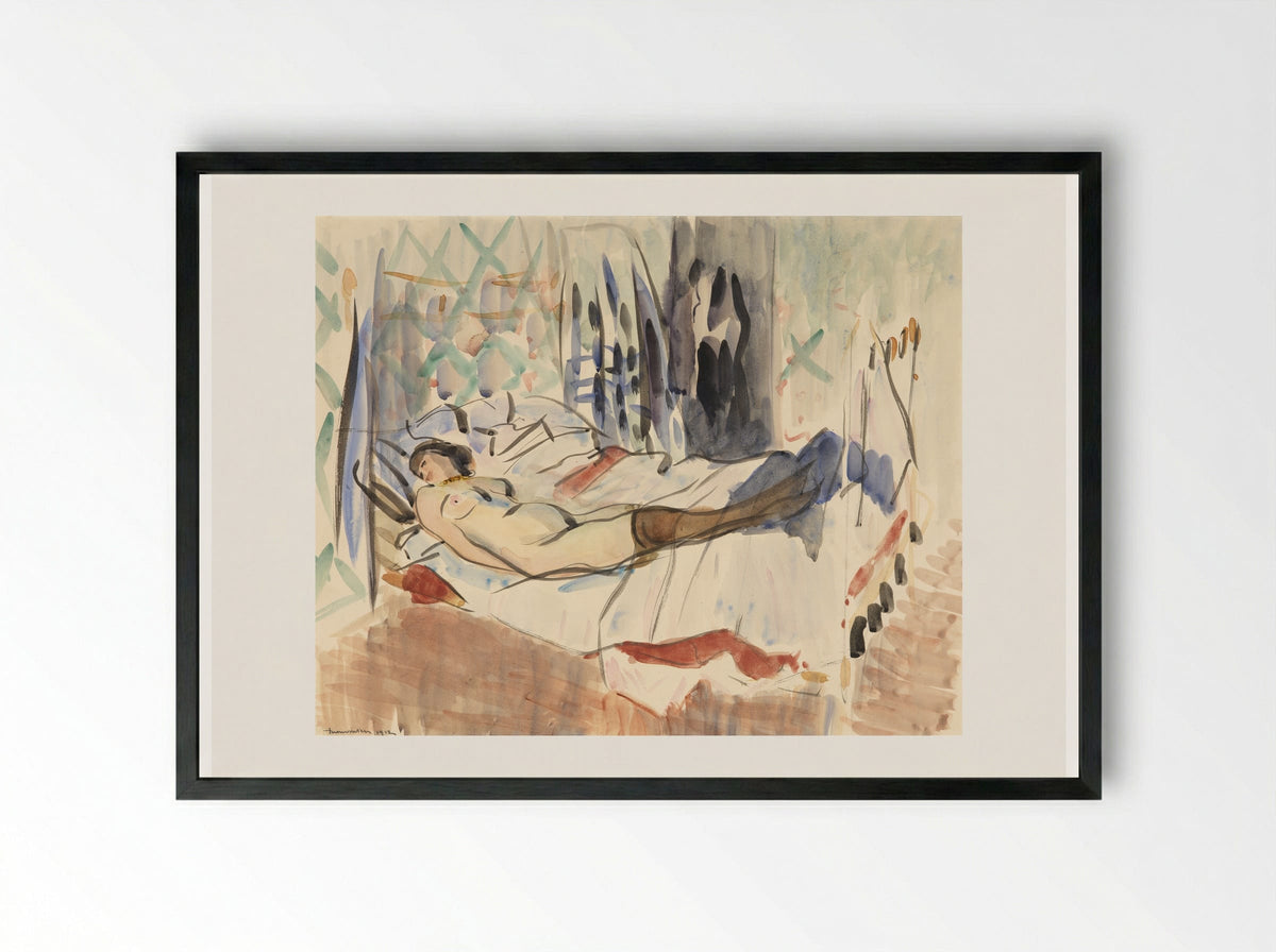 Interieur met een vrouw, die stof voor een kostuum snijdt - Rik Wouters - Framed Print Black