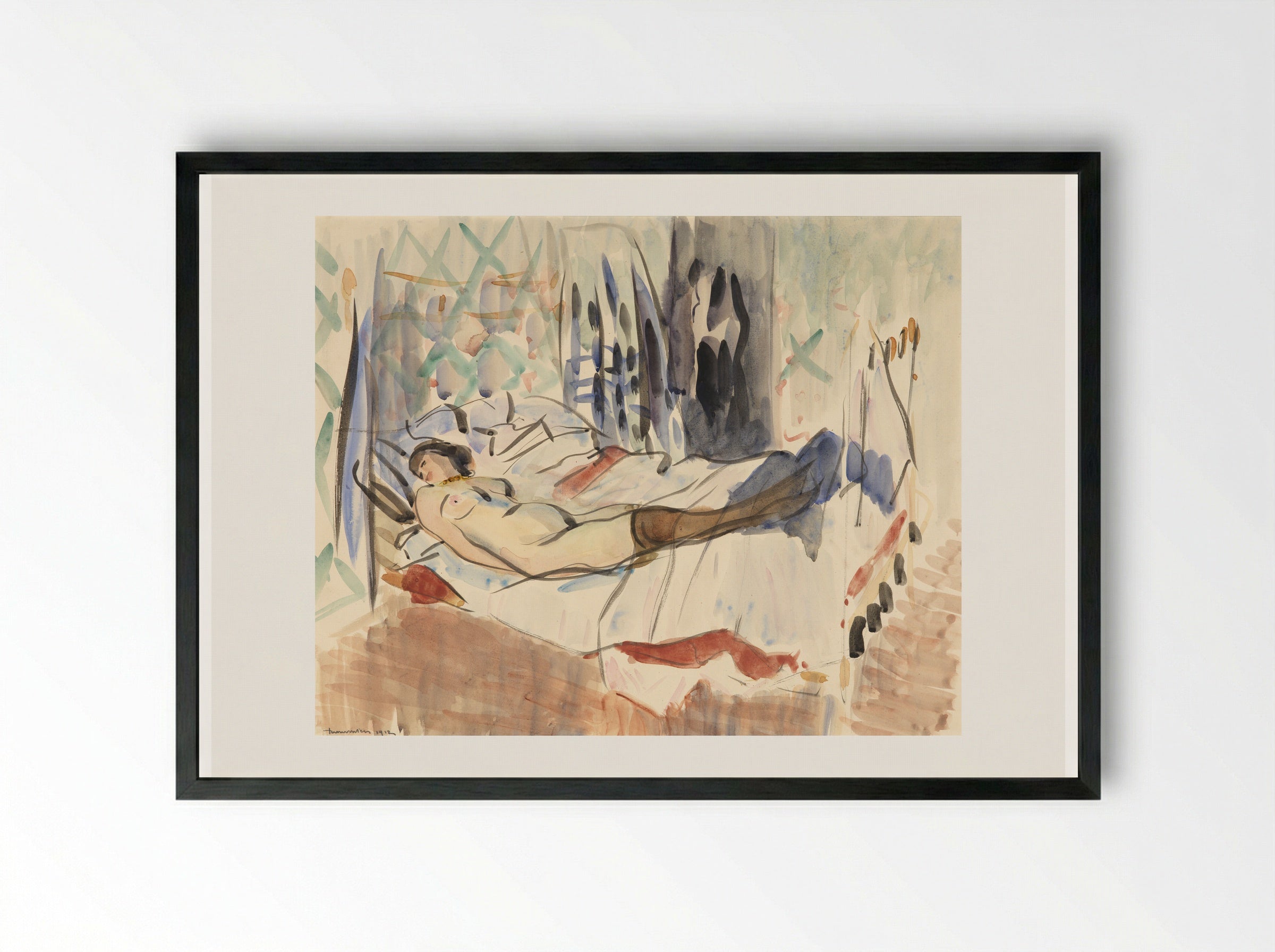 Interieur met een vrouw, die stof voor een kostuum snijdt - Rik Wouters - Framed Print Black