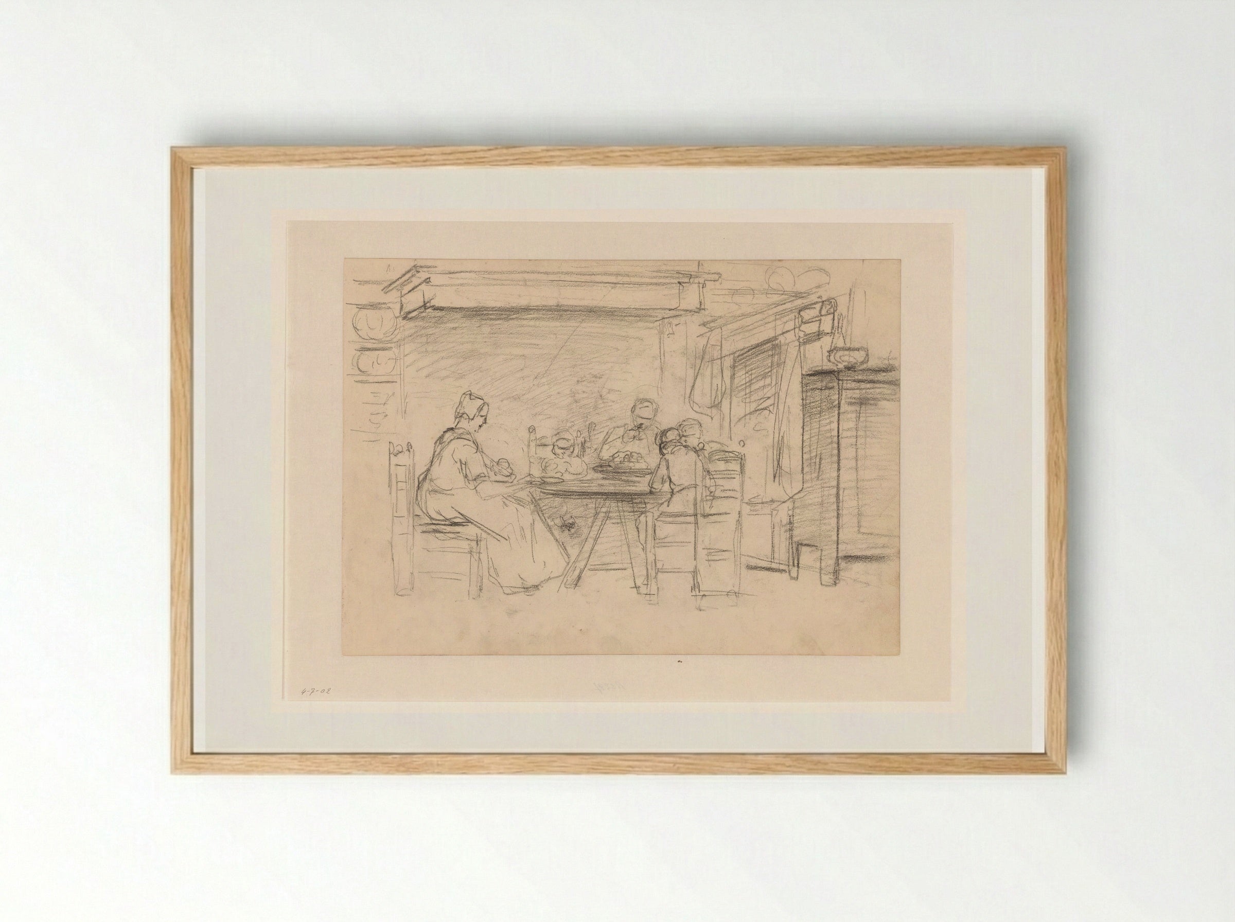 Interieur met gezin aan de maaltijd - Hendrik Valkenburg - Framed Print Wood