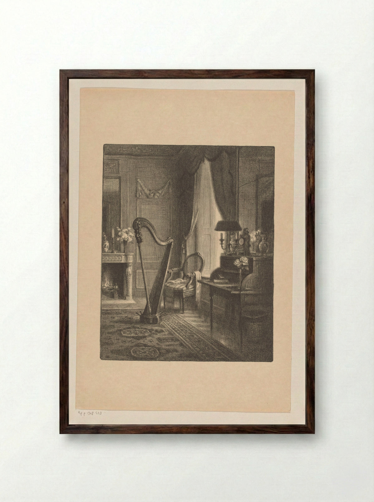 Interieur met haard, secretaire en harp - René Janssens - Framed Print Dark Wood