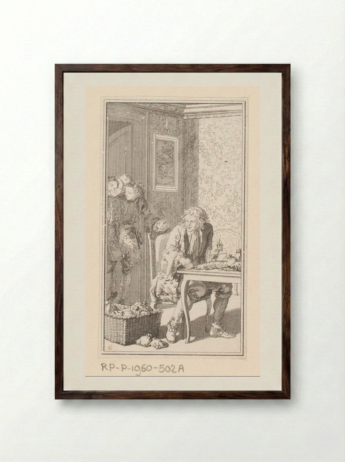 Interieur met man die geld weegt - Dominique Sornique - Framed Print Dark Wood