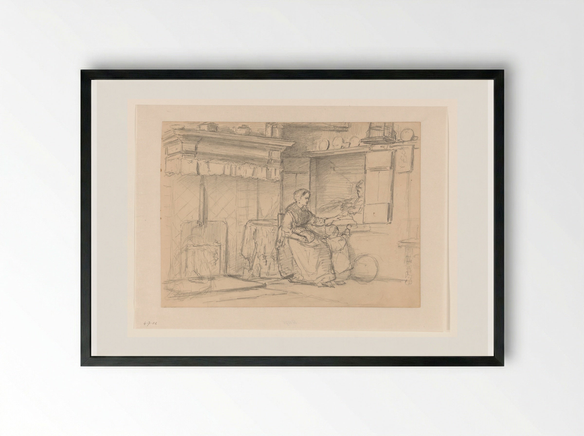 Interieur met moeder en kind bij een bedstede - Hendrik Valkenburg - Framed Print Black