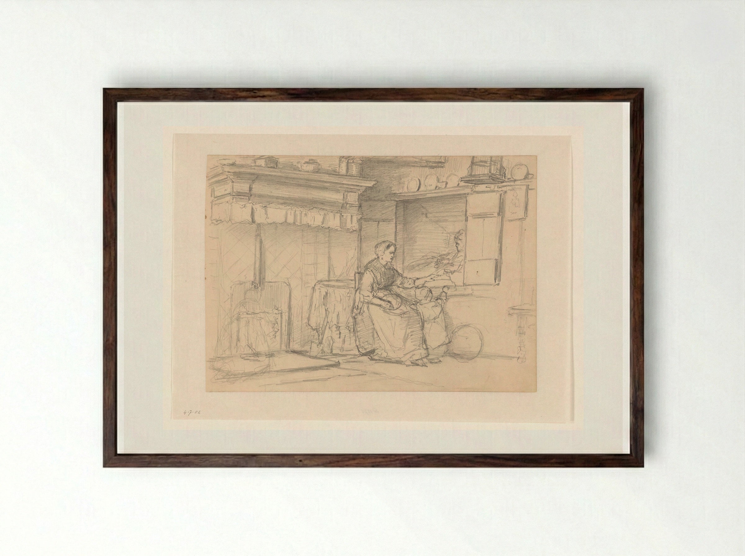 Interieur met moeder en kind bij een bedstede - Hendrik Valkenburg - Framed Print Dark Wood