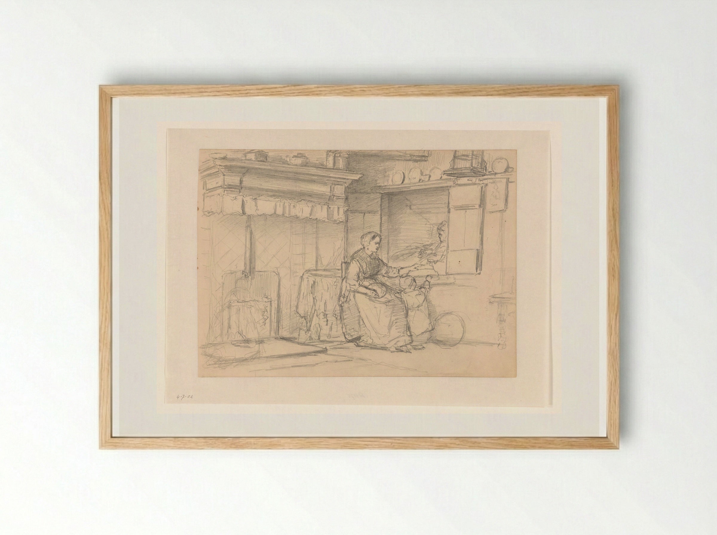 Interieur met moeder en kind bij een bedstede - Hendrik Valkenburg - Framed Print Wood