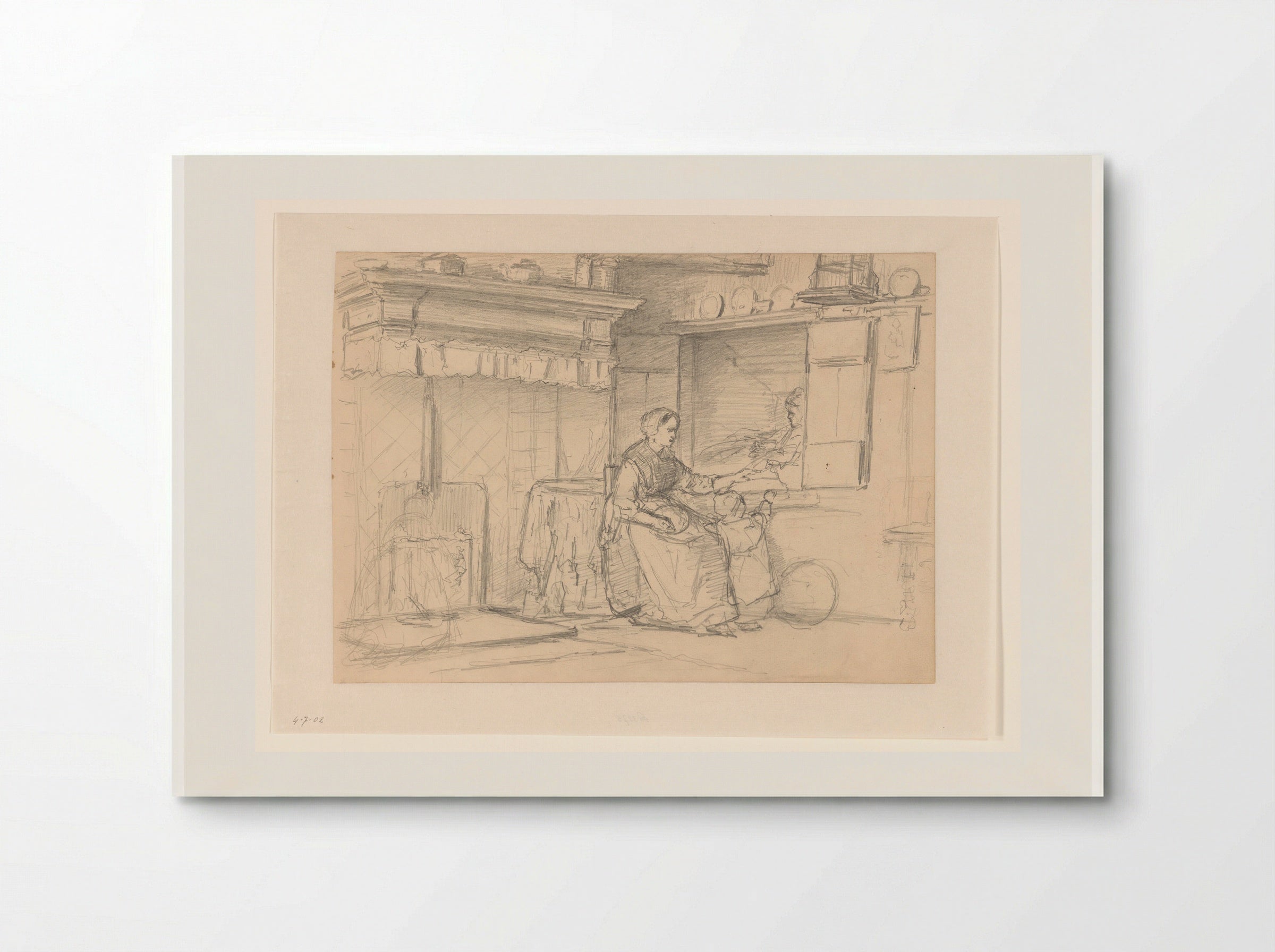 Interieur met moeder en kind bij een bedstede - Hendrik Valkenburg - Poster