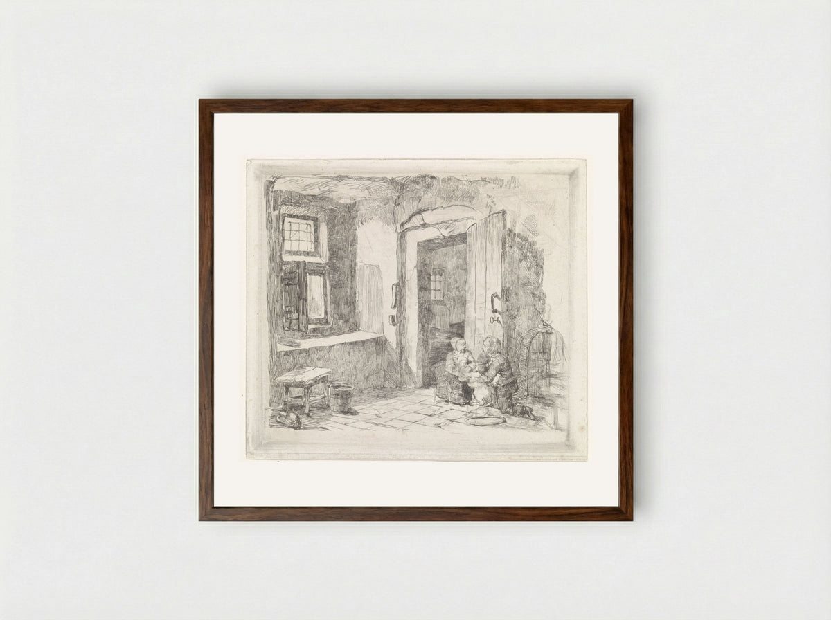 Interieur met openstaande deur - David van der Kellen - Framed Print Dark Wood