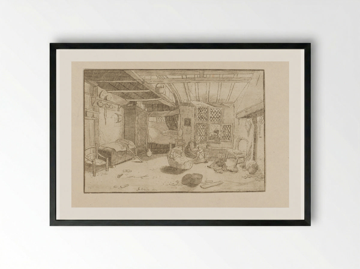 Interieur met vrouw bij wieg - Cornelis Ploos van Amstel - Framed Print Black