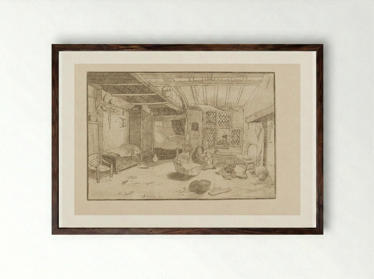 Interieur met vrouw bij wieg - Cornelis Ploos van Amstel - Framed Print Dark Wood