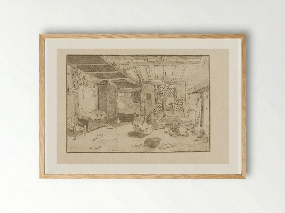Interieur met vrouw bij wieg - Cornelis Ploos van Amstel - Framed Print Wood