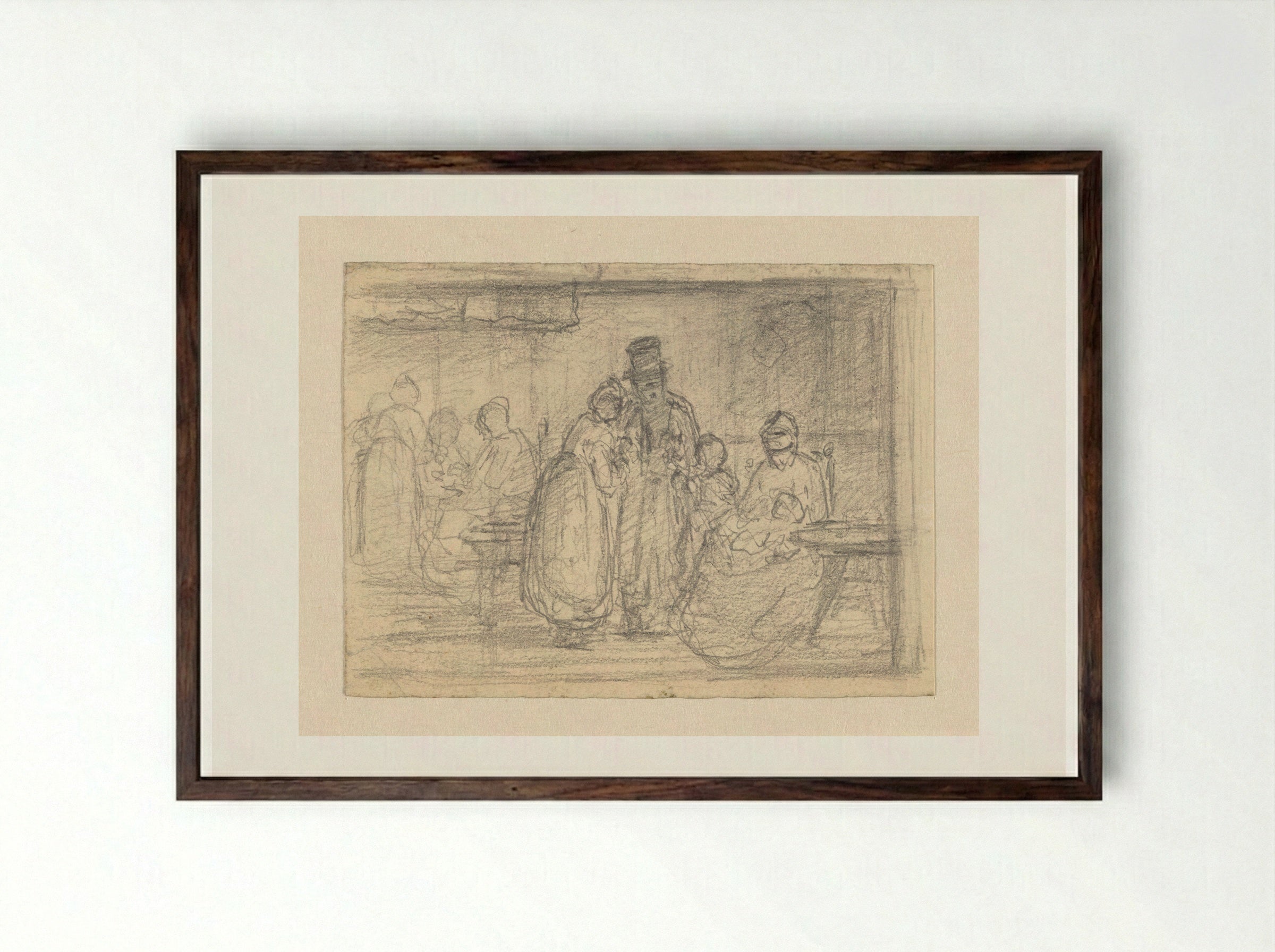 Interieur met vrouwen, kinderen en man met hoge hoed - Hendrik Valkenburg - Framed Print Dark Wood