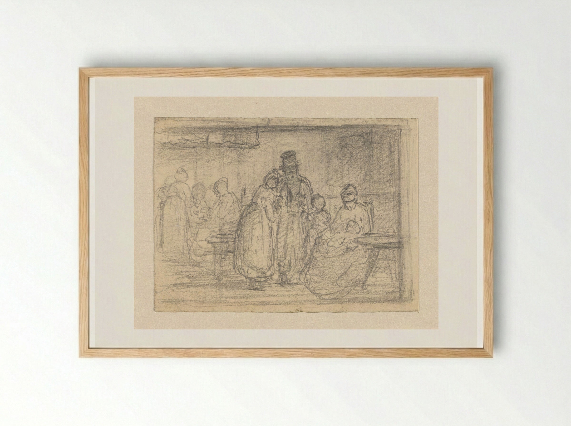 Interieur met vrouwen, kinderen en man met hoge hoed - Hendrik Valkenburg - Framed Print Wood
