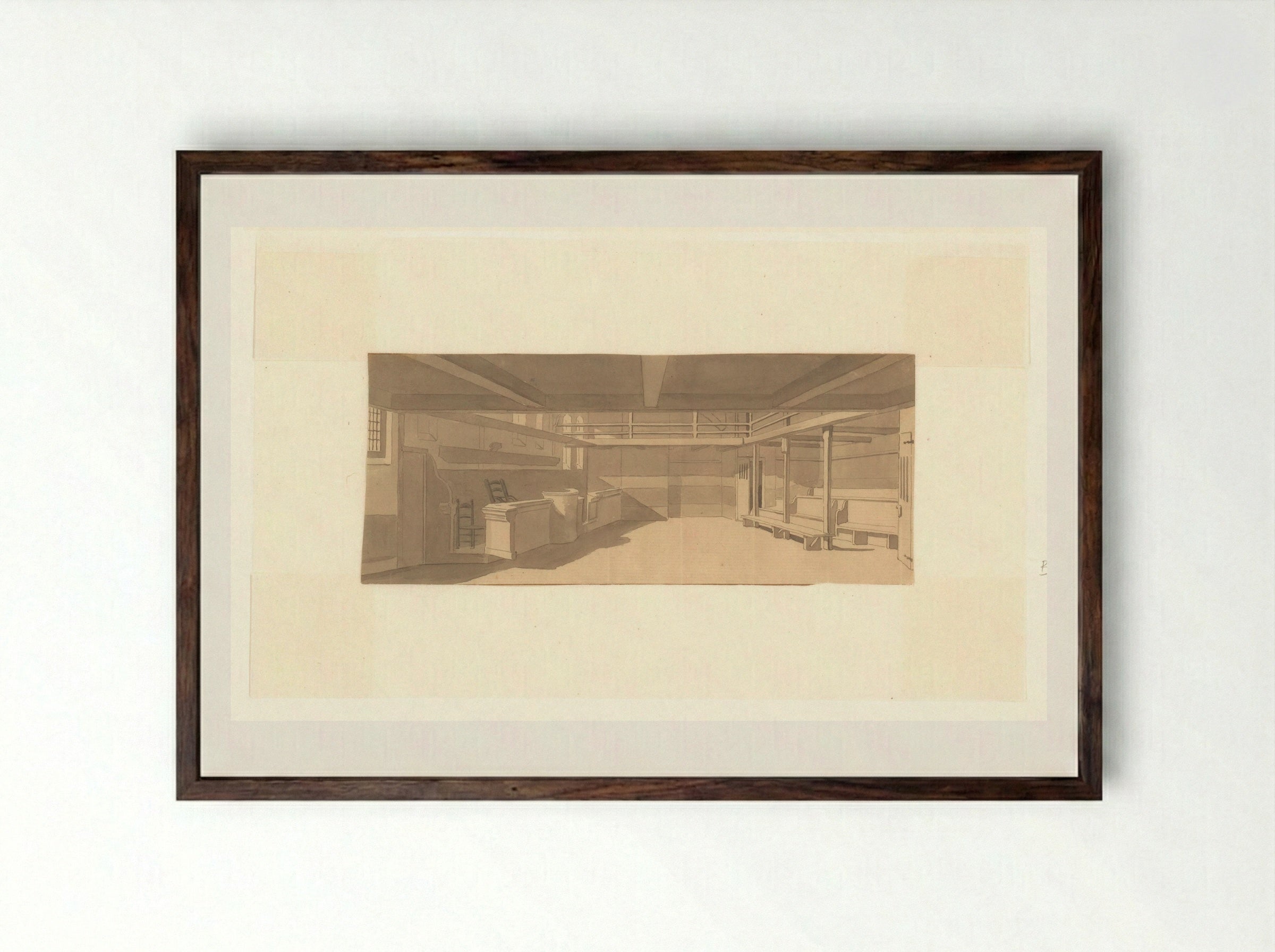Interieur van de doopsgezinde kerk van de Jan Jacobsgezinden - Cornelis Pronk - Framed Print Dark Wood