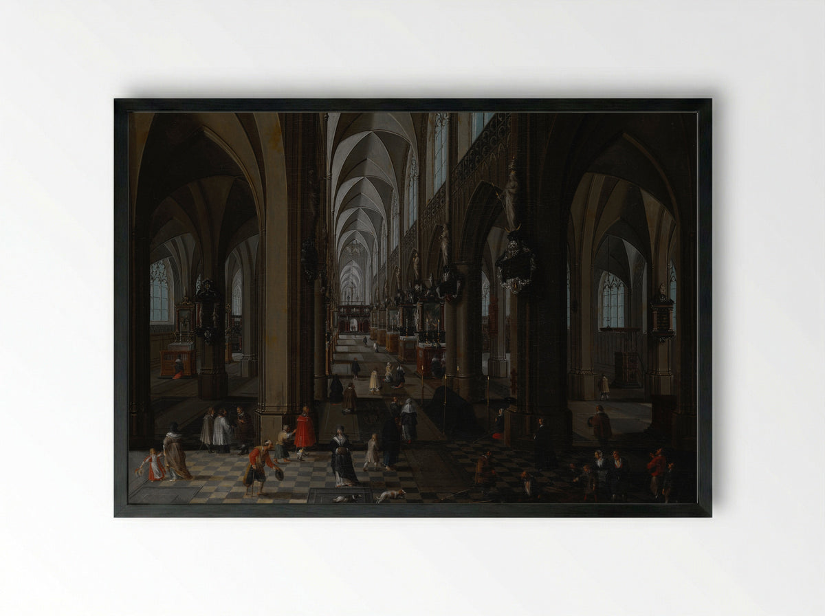 Interieur van een gotische kerk bij nacht - Peeter Neeffs the Elder - Framed Print Black