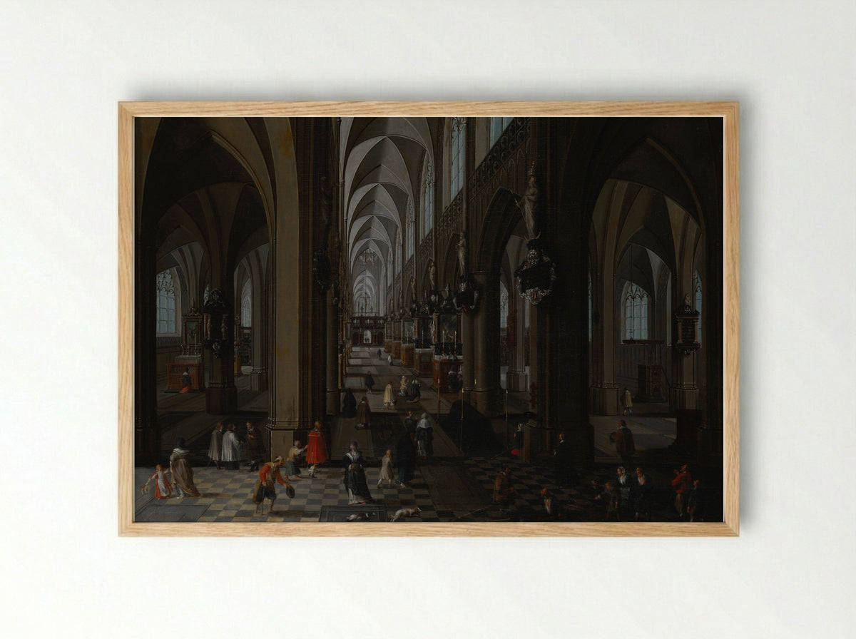 Interieur van een gotische kerk bij nacht - Peeter Neeffs the Elder - Framed Print Wood