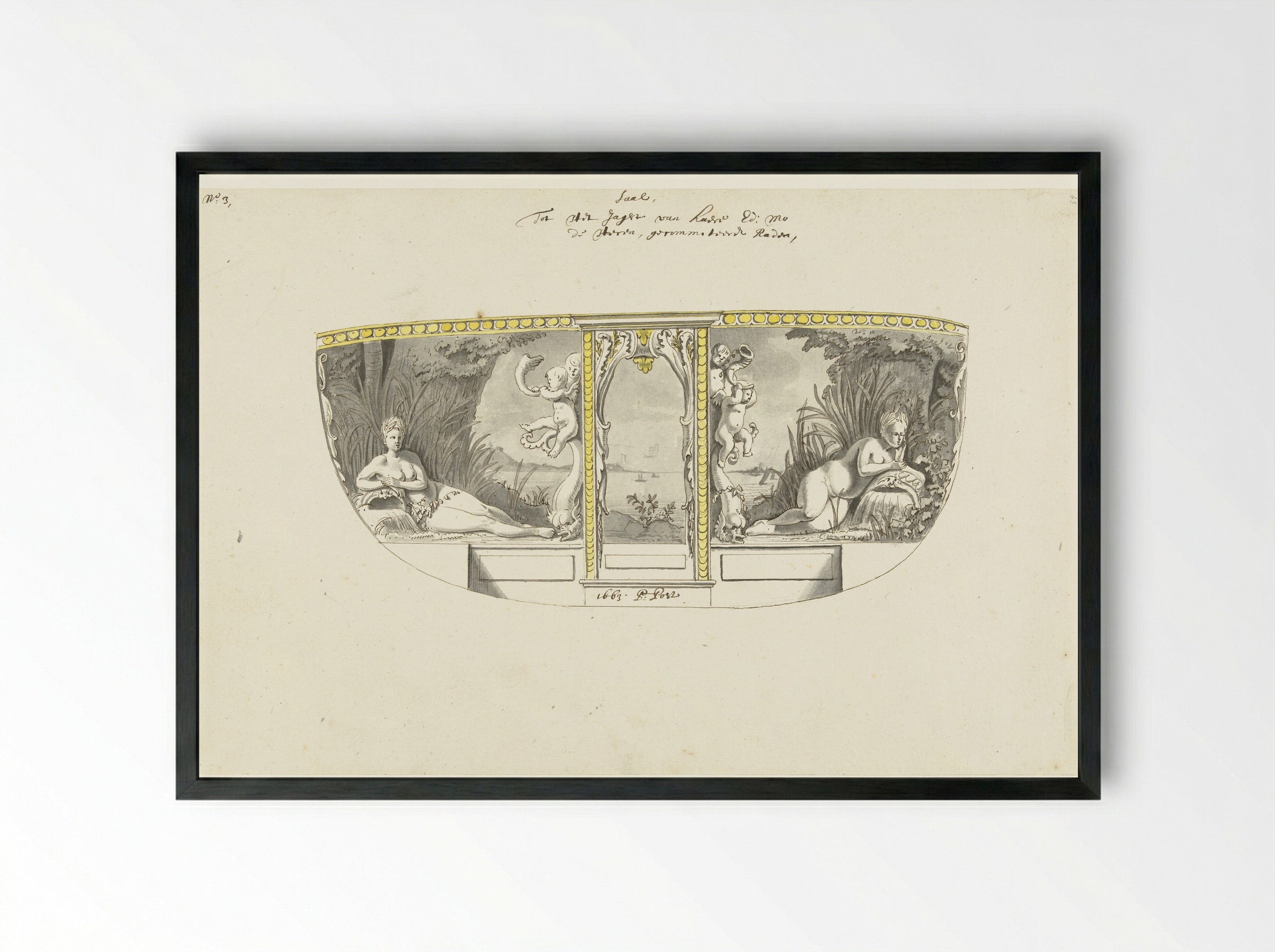 Interieurdecoratie van statenjacht met stroomnimfen - Pieter Jansz. Post - Framed Print Black