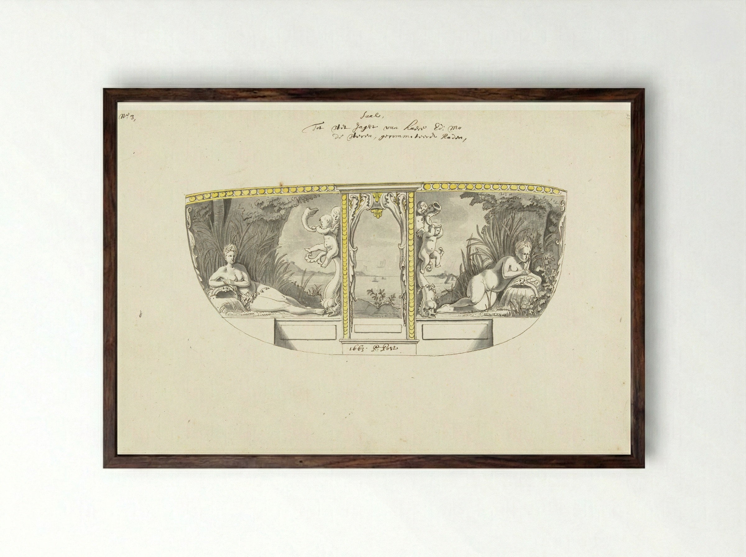 Interieurdecoratie van statenjacht met stroomnimfen - Pieter Jansz. Post - Framed Print Dark Wood