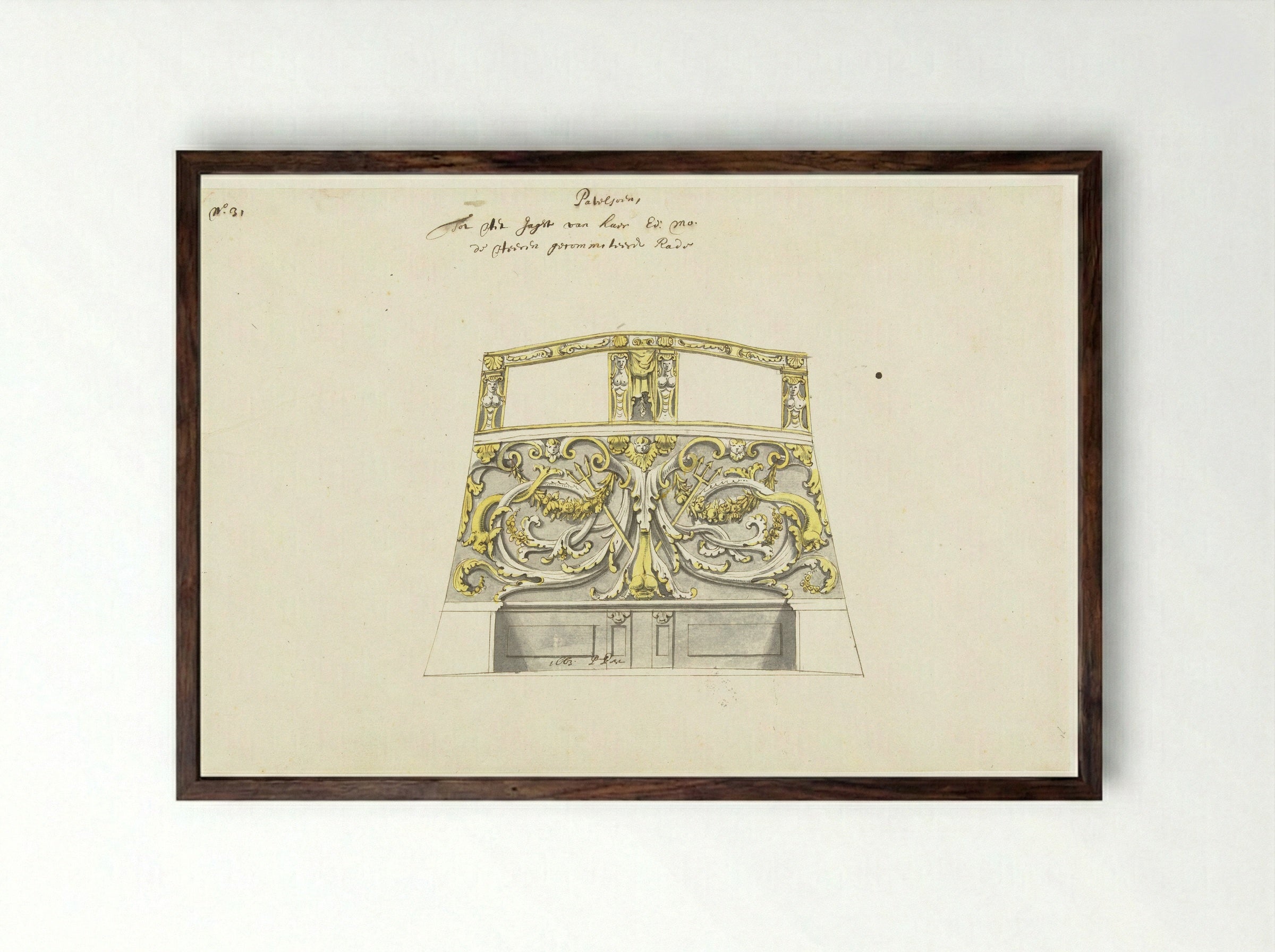 Interieurdecoratie van statenjacht met twee drietanden - Pieter Jansz. Post - Framed Print Dark Wood
