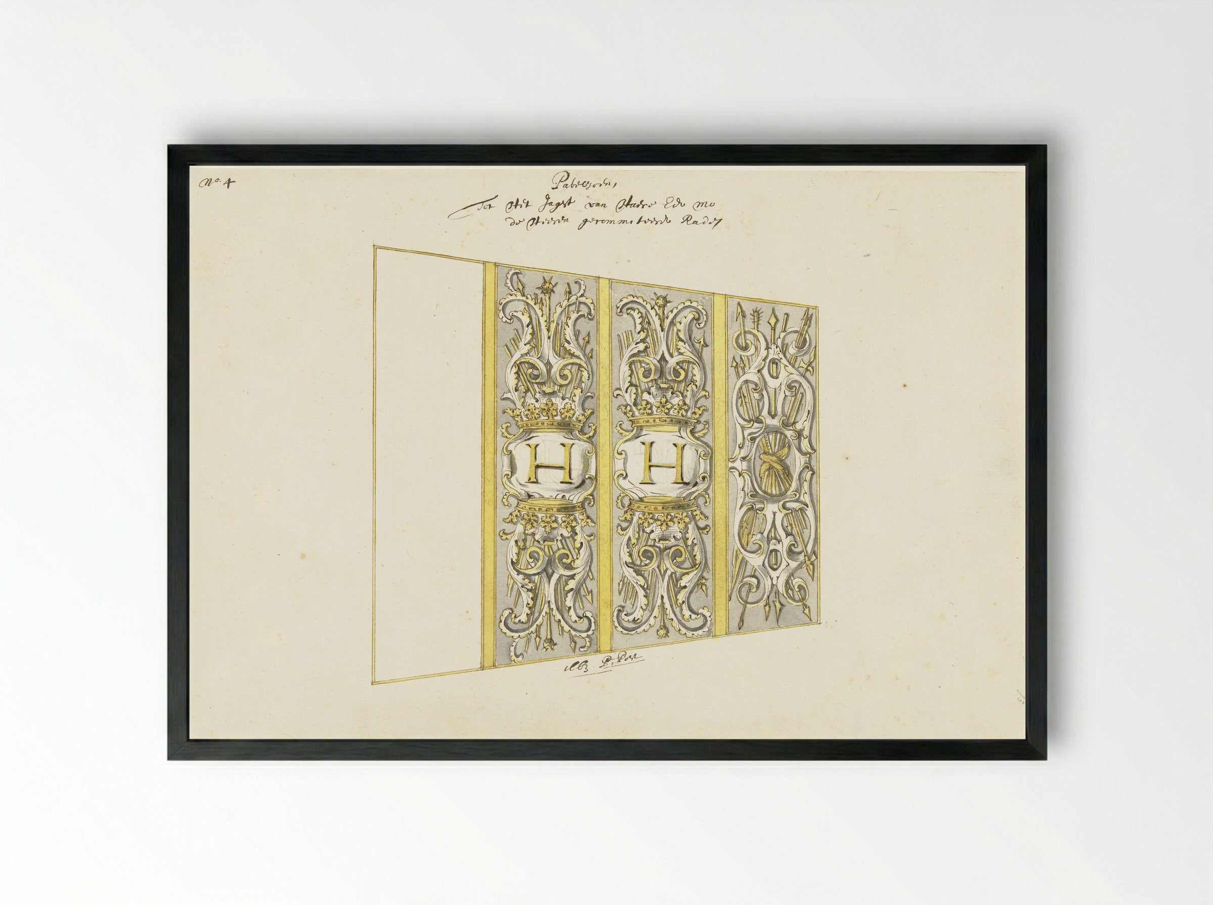 Interieurdecoratie van statenjacht met wapentrofeëen - Pieter Jansz. Post - Framed Print Black
