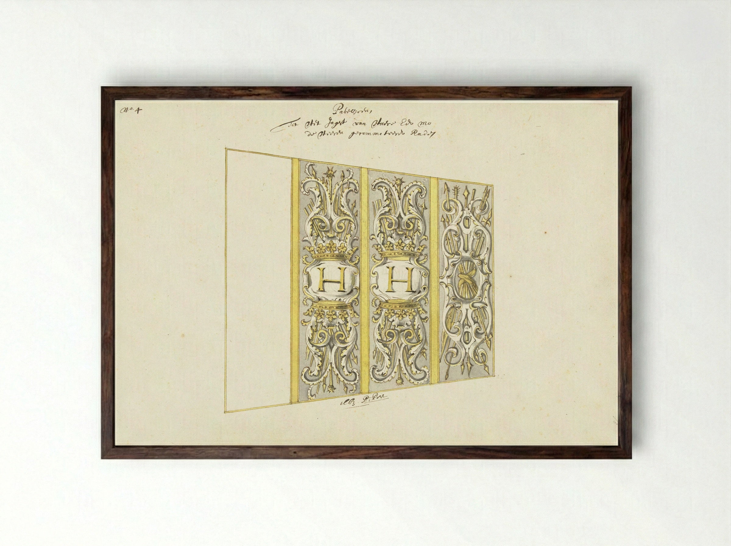 Interieurdecoratie van statenjacht met wapentrofeëen - Pieter Jansz. Post - Framed Print Dark Wood