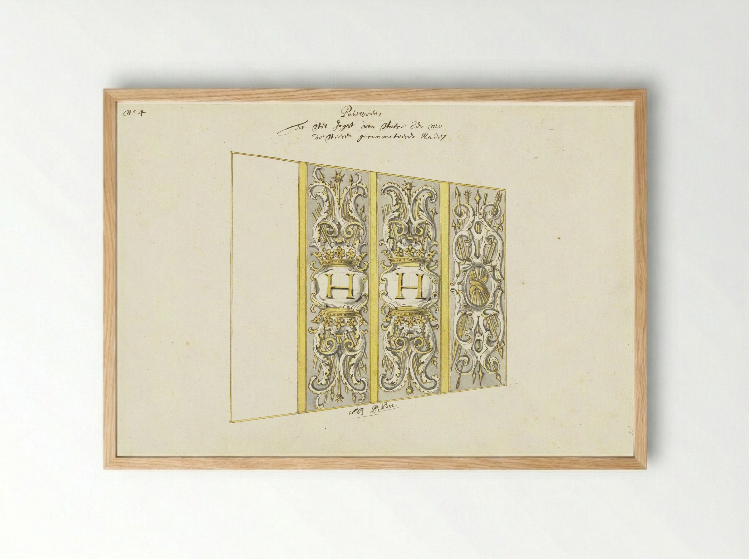 Interieurdecoratie van statenjacht met wapentrofeëen - Pieter Jansz. Post - Framed Print Wood