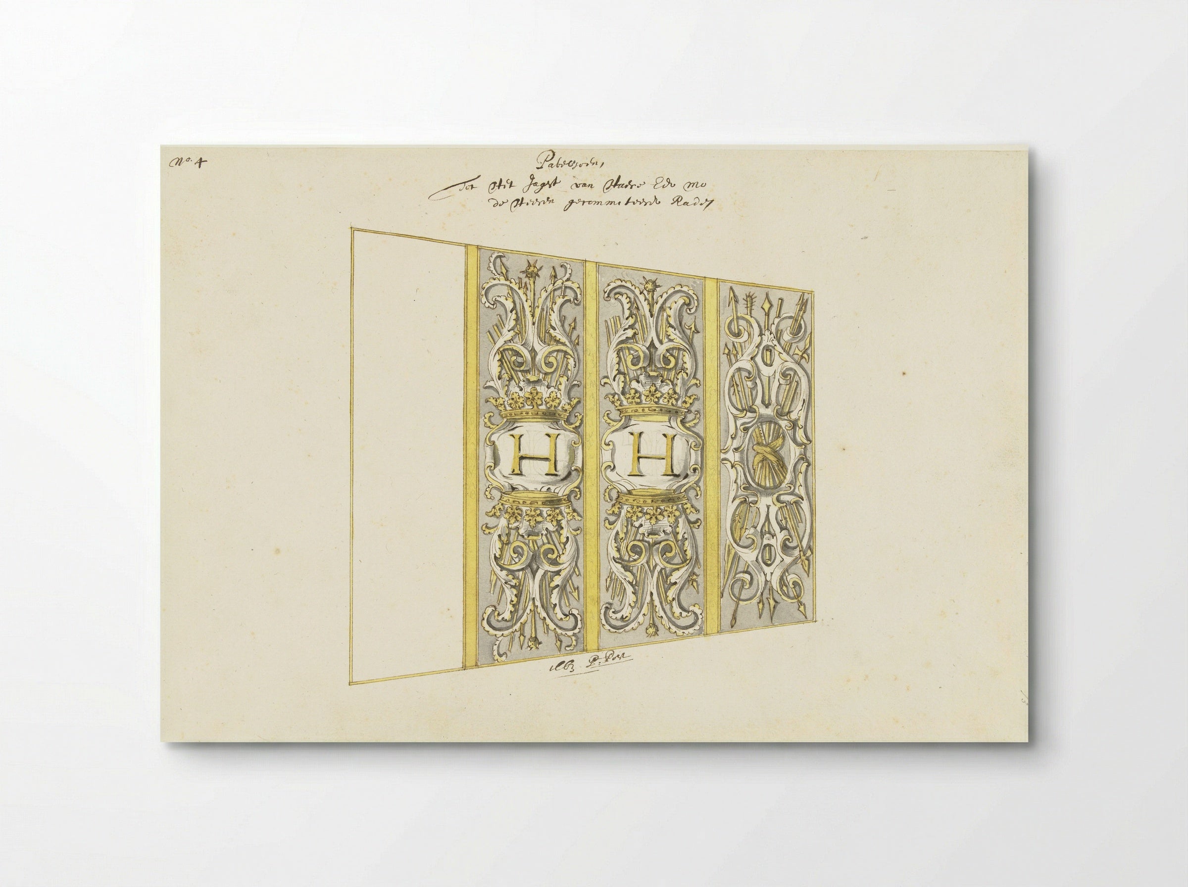 Interieurdecoratie van statenjacht met wapentrofeëen - Pieter Jansz. Post - Poster